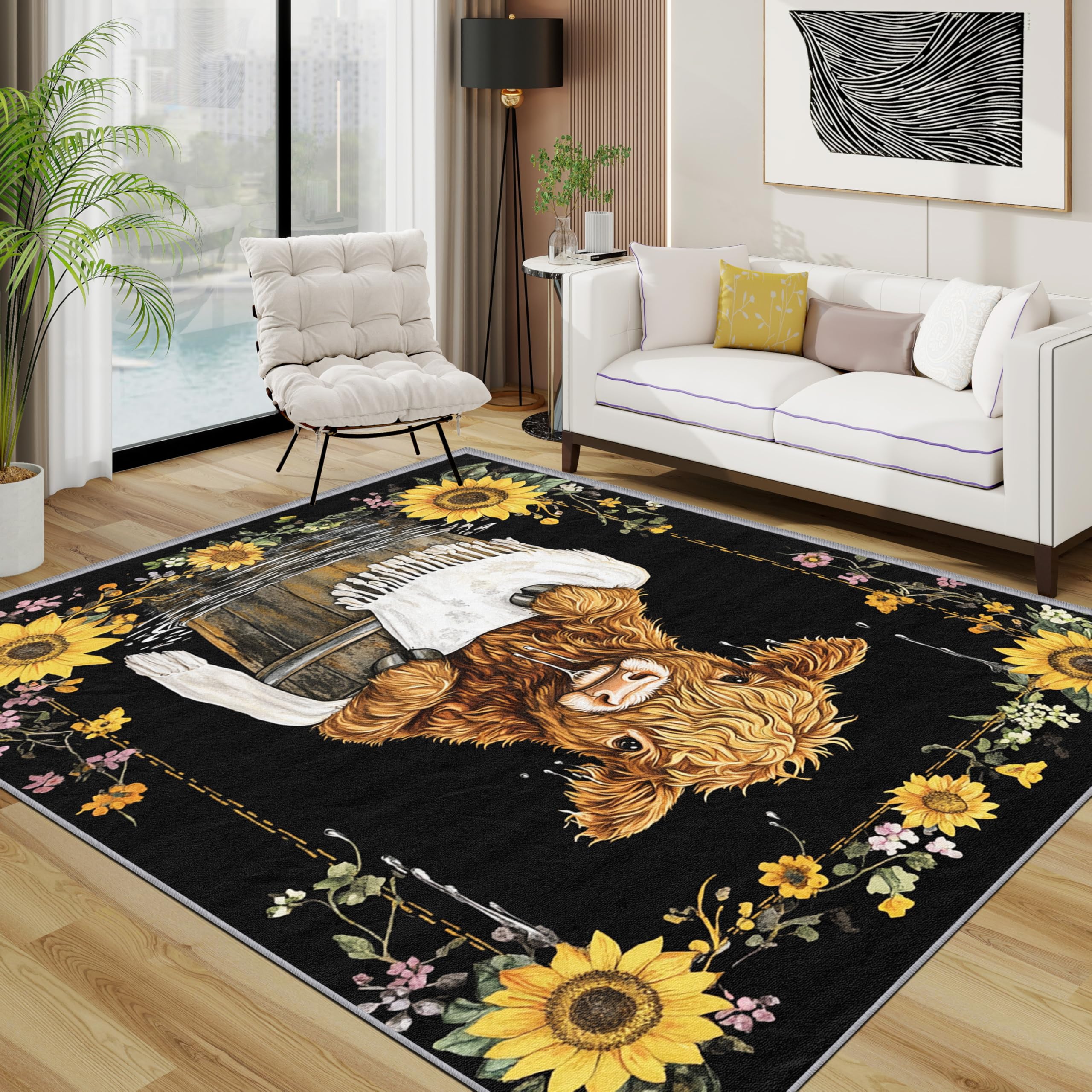 Highland Cow Rug - Cute Funny Animal Sunflower Small Rugs for Bedroom 60x90, Floral Country Farmhous Floor Mat Soft Washable Non Slip Indoor Mats, Highland Cow Room Decor