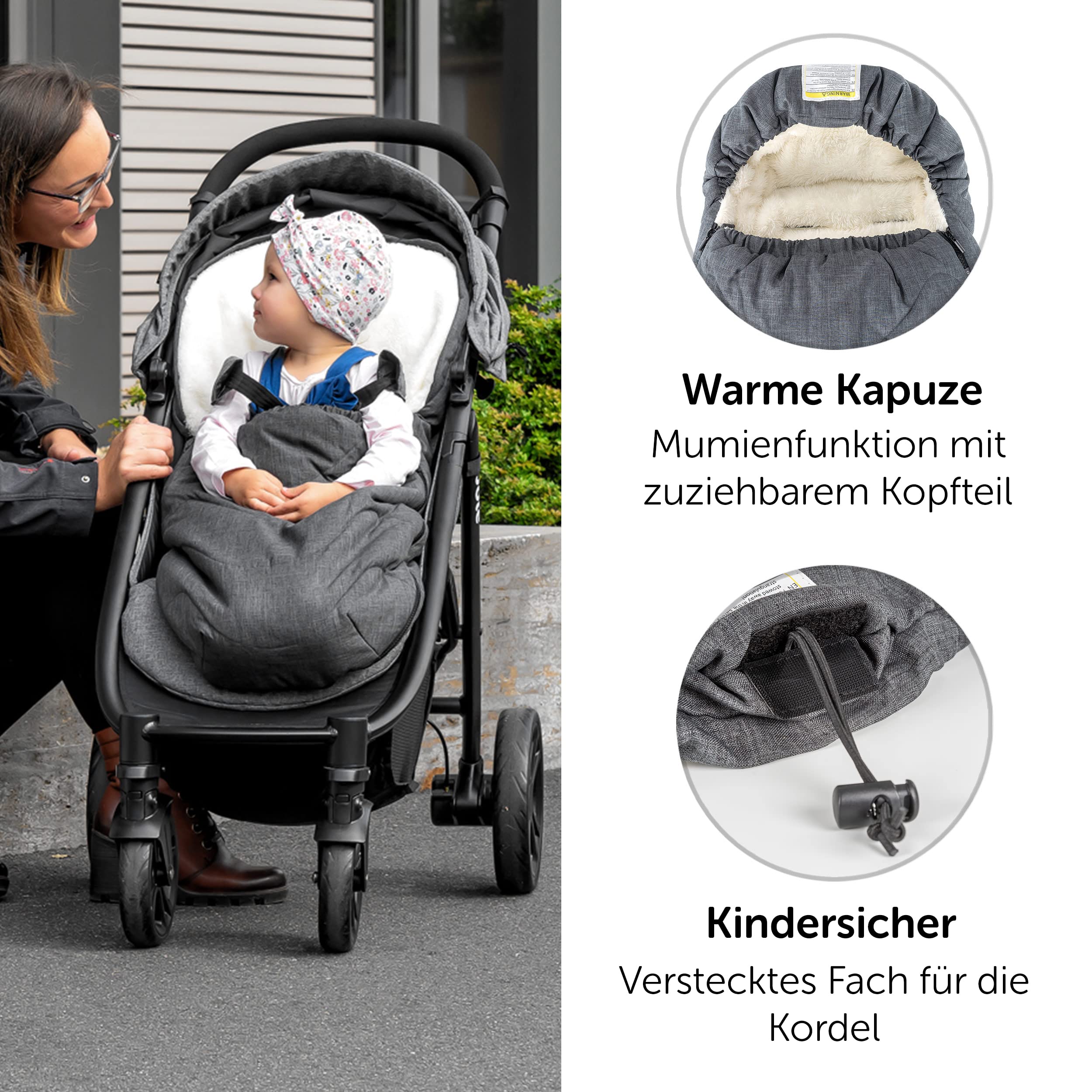 Zamboo Universal Fußsack für Babyschale, Kinderwagen Wanne und Buggy - 2in1 Winterfußsack und Sitzauflage aus Fleece, Grau