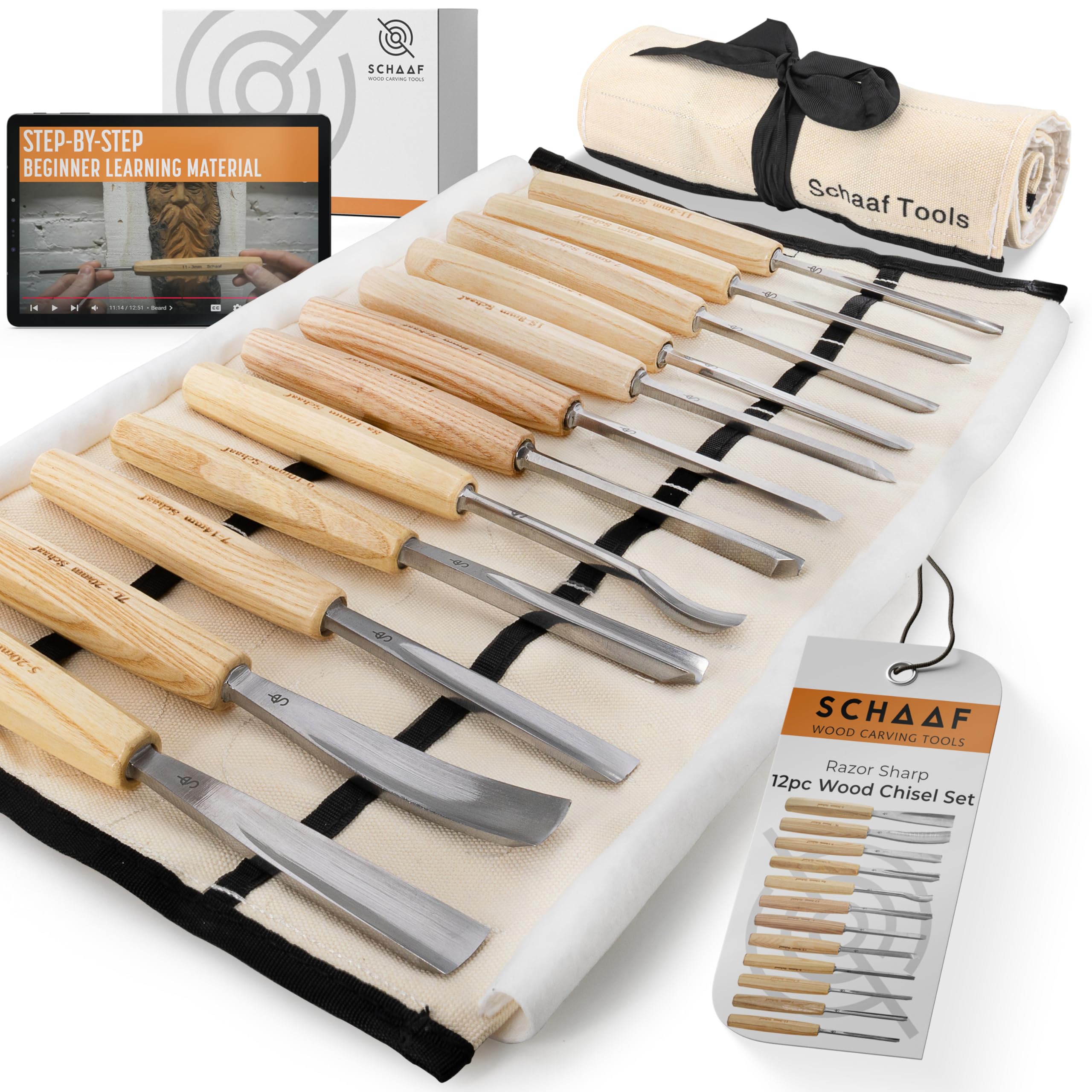 Schaaf Wood Carving Tools Set of 12 Chisels with Canvas Case | Wood Chisels for Woodworking | Wood Working Tools and Accessories | Wood Carving Chisels | Razor Sharp CR-V 60 Steel Blades | Wood Chise