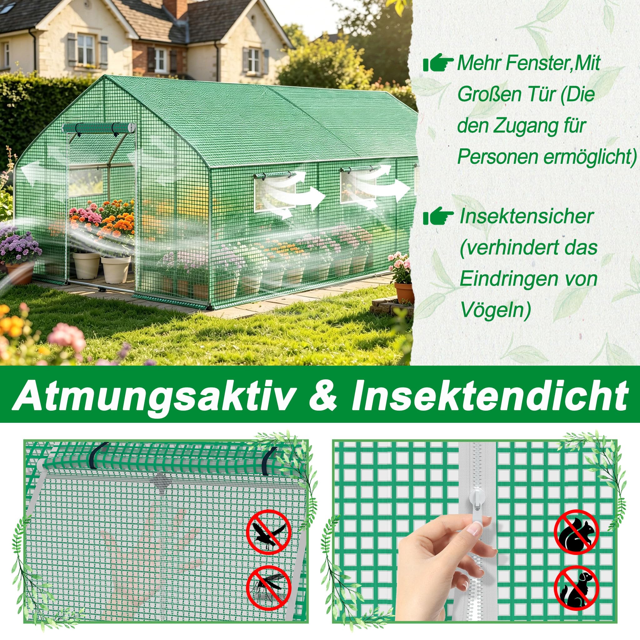 YRHome Groß Gewächshaus Winterfest mit Feuerverzinktem Stahlrahmen Foliengewächshaus Grün Begehbares Gartenhäuschen Isoliert Überwinterungszelt für Pflanzen Gartengewächshäuser Balkon - 3x2x2m