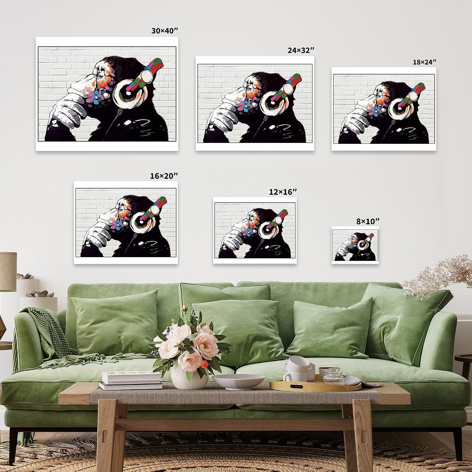 Poster Master Vintage Monkey Wearing Headphones Canvas - Animal Print - Classic Music Art - Minimalist Gift for Artist, Friend - Wall Decor for Living Room, Office - 8x10 STRETCHED Canvas