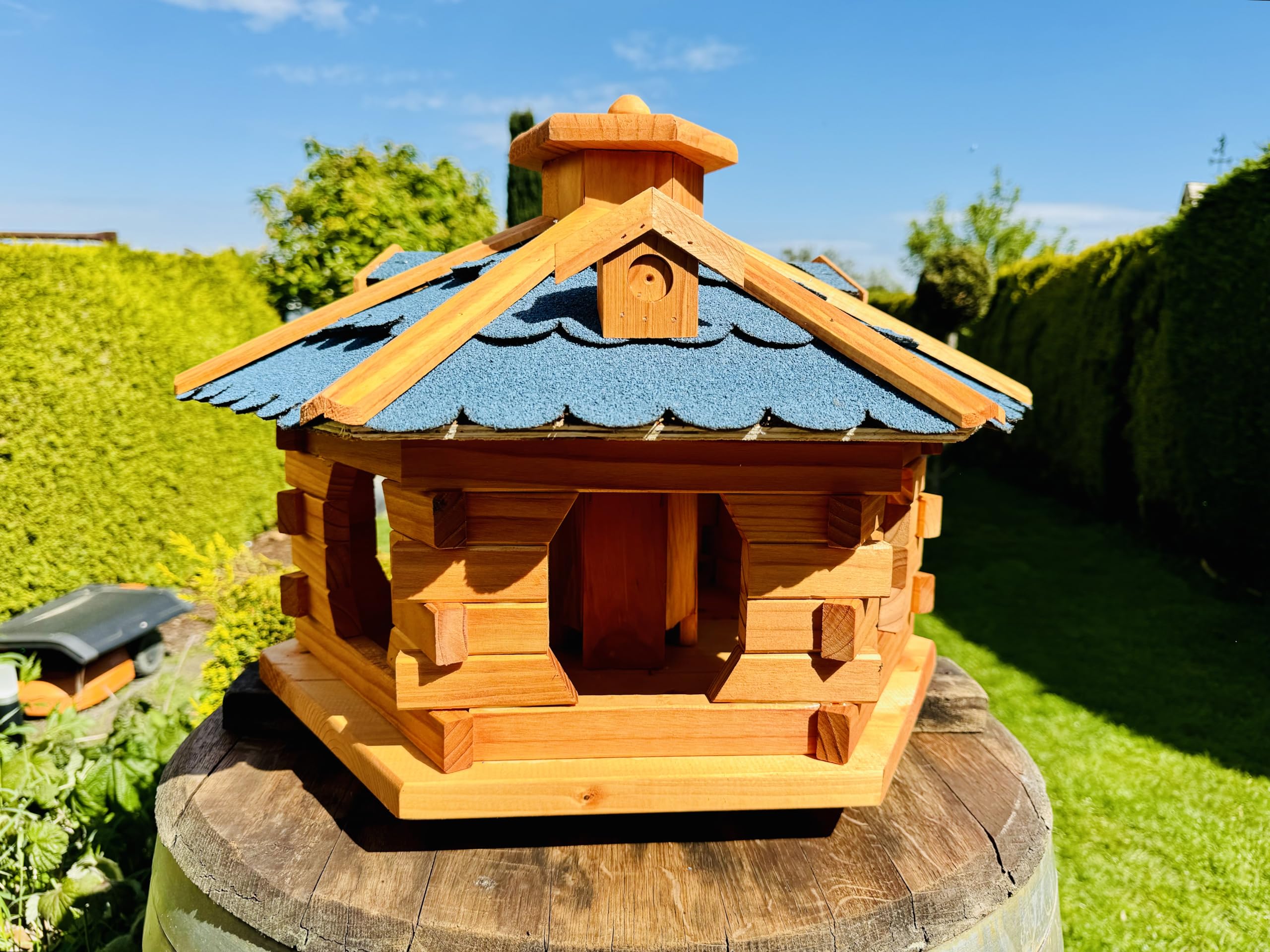 Mangiatoia per uccelli a forma di casetta XL, in legno, colore: marrone/blu