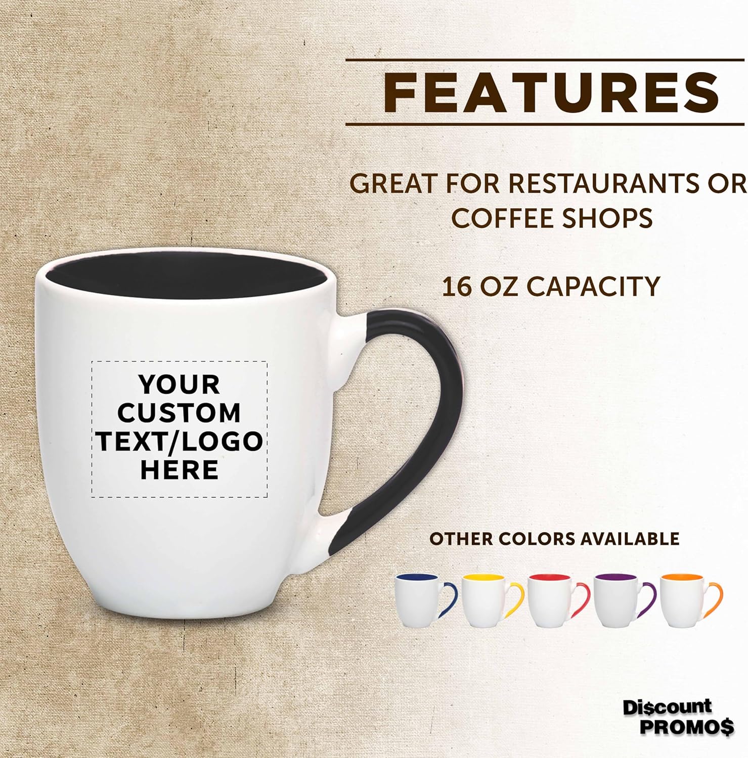 Custom Bistro Style Large Coffee Mugs 16 oz. Set of 10/50/100, Personalized Bulk Pack - Perfect for Coffee, Tea, Espresso, Hot Cocoa, Other Beverages - Black