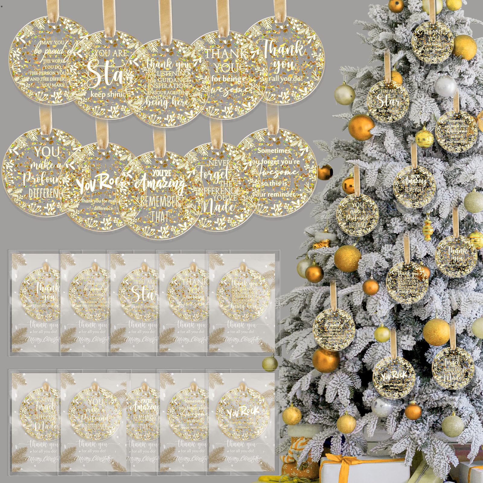 Kasyat Lot de 50 décorations de Noël à suspendre en acrylique doré - Cadeaux de remerciement pour employés, employés - Ornements de sapin de Noël avec cartes - Ornements de remerciement pour équipe,