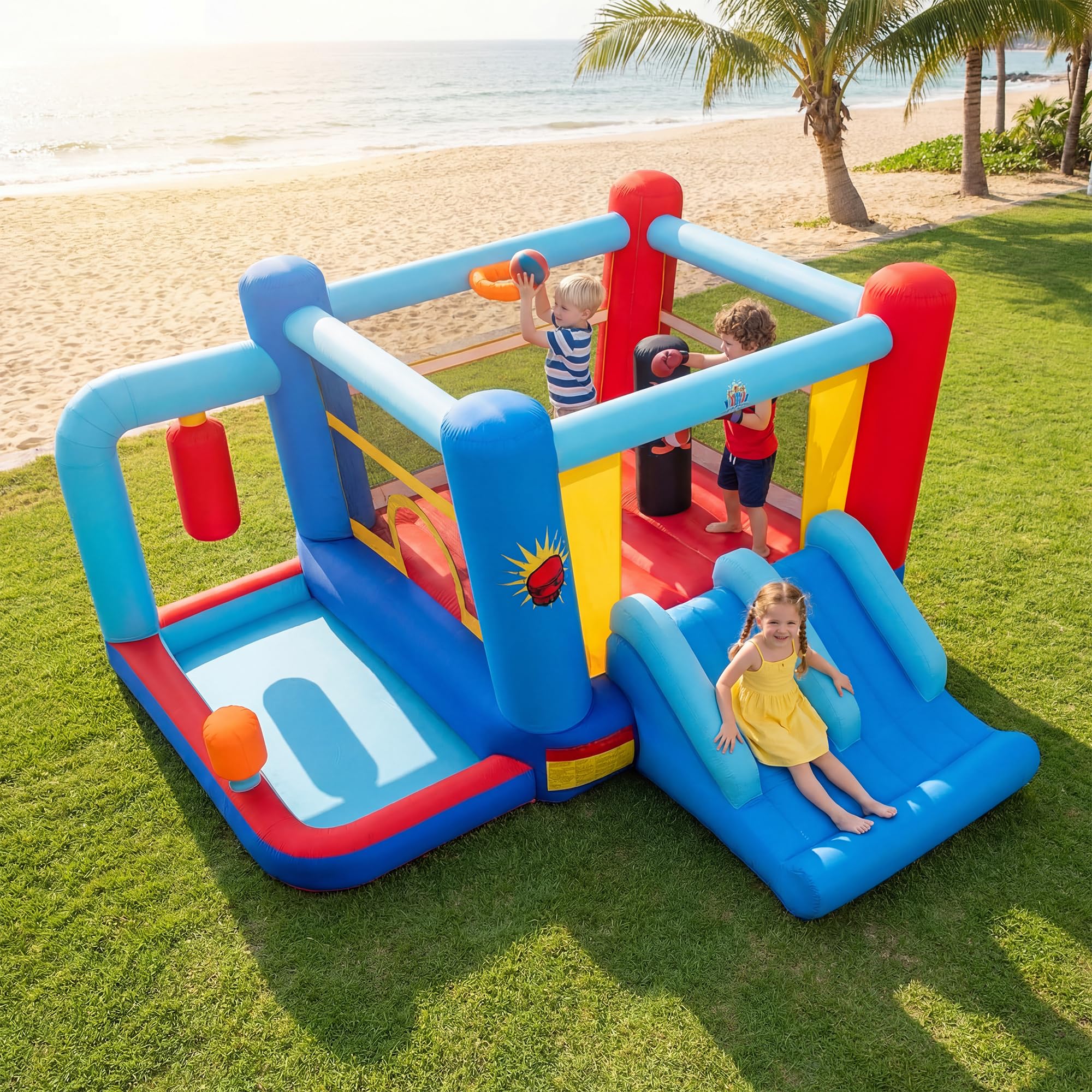 Giantex - Castillo hinchable para niños, exterior, con soplador, 550 W, parque acuático inflable con bolsas de golpeo, piscina, cesta de baloncesto, tobogán, para niños y niñas, 3-12 años, carga 90 kg