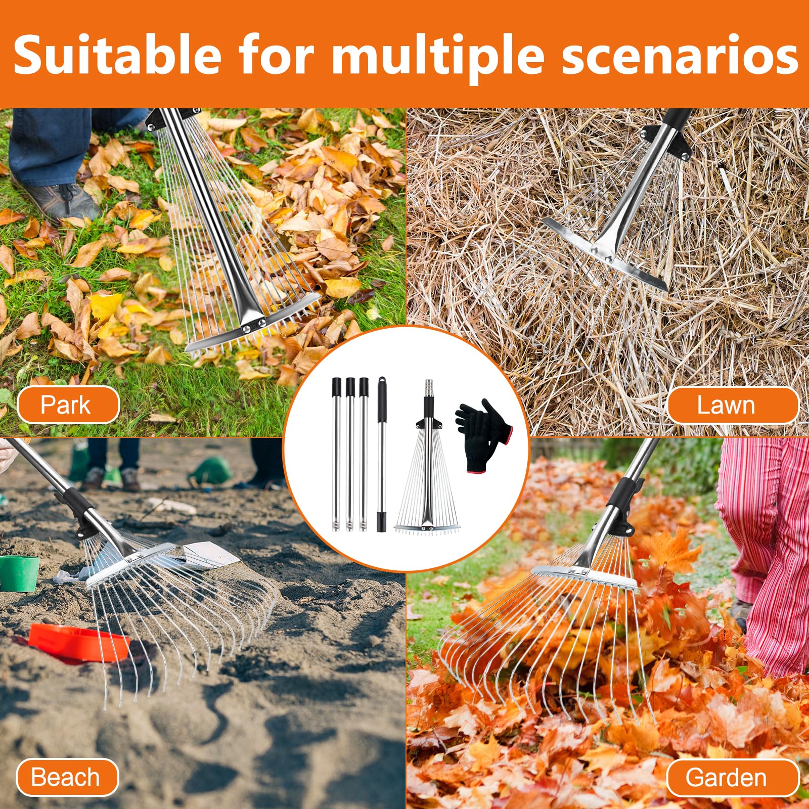 JOYBOY Rastrello da Giardino con 18 Denti in Metallo, Rastrello per Foglie 213cm con Testa Espandibile 20-40cm, Scopa da Giardino per Foglie Rastrello con Manico, per Cortile, Prato, Arbusti e Aiuole