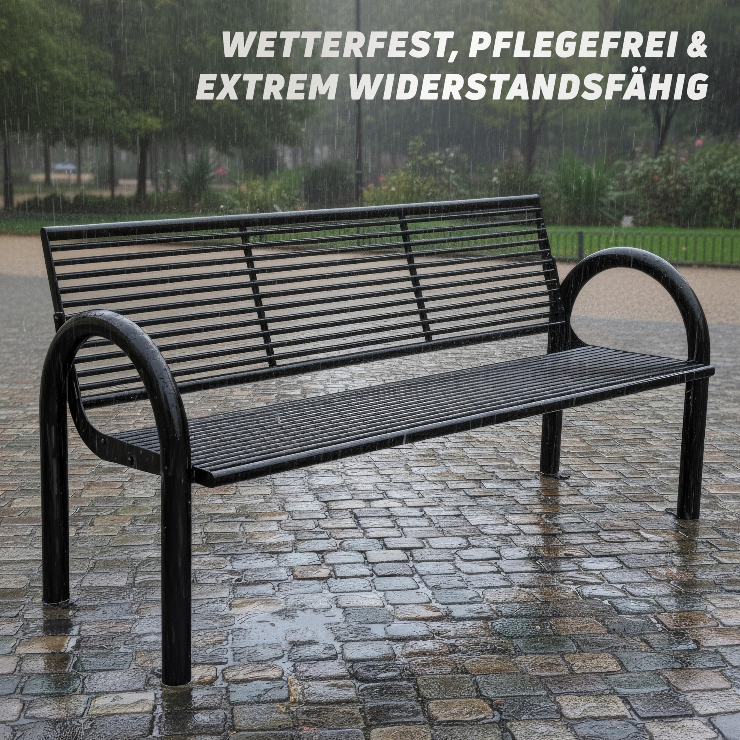 MATERIUM® Gartenbank Metall Schwarz - extra stabile Bank aus Metall mit 150 cm Sitzbreite, wetterfest & widerstandsfähig - hochwertige Sitzbank aus Stahl mit edler Pulverbeschichtung (Schwarz Matt)