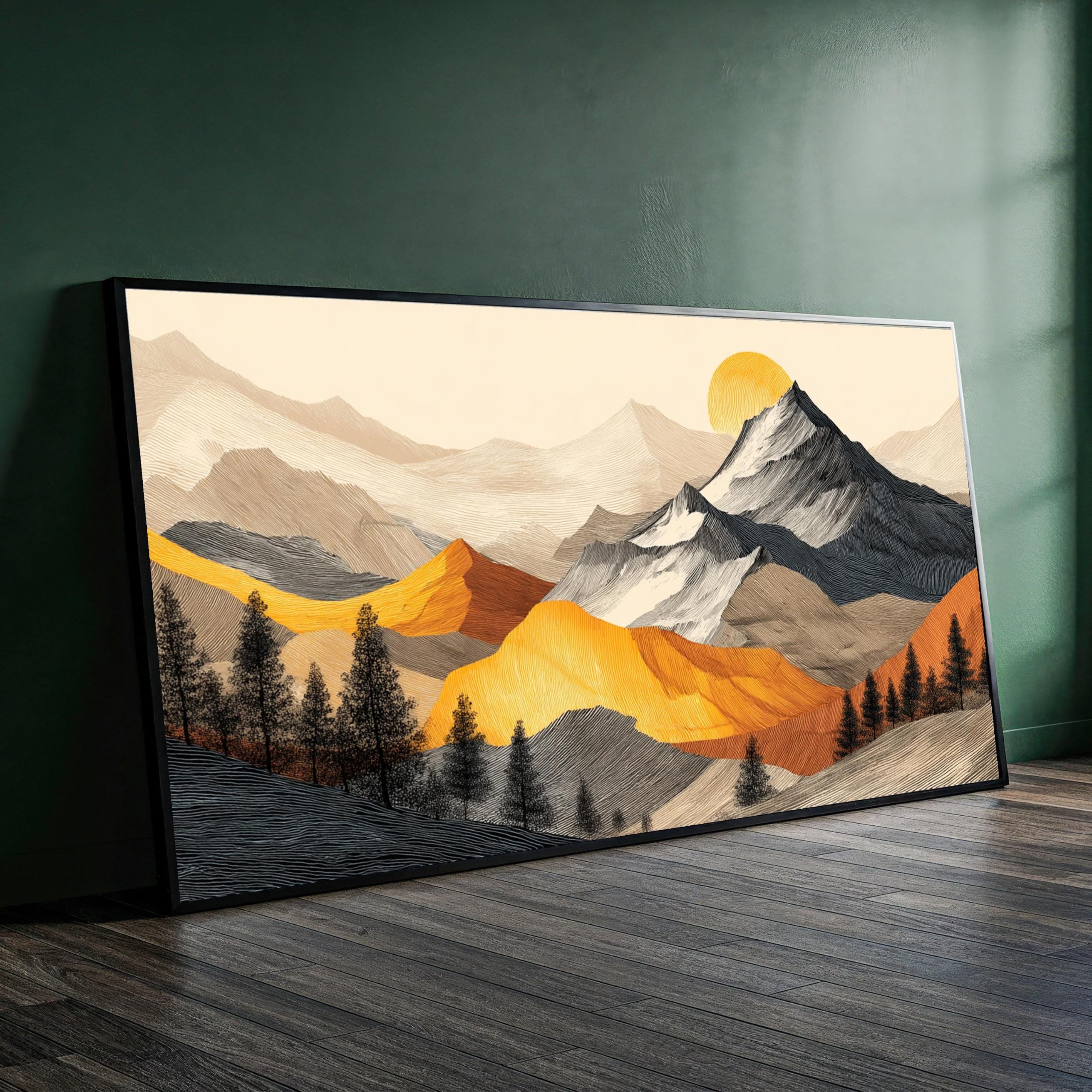 XBTYKPB Majestic Mountain Range Canvas, Sunrise Landscape Wall Art, Autumn Forest Silhouette, Nature Scene Painting, Home Decor(21x30cm/Frameless)