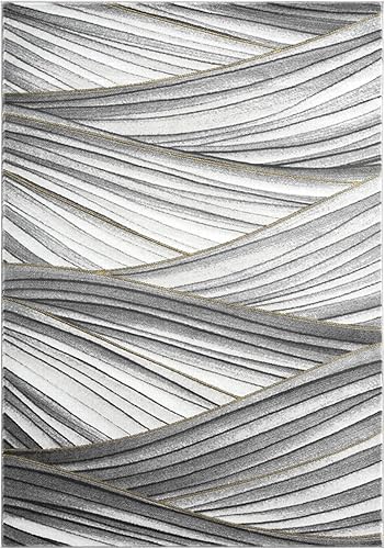 Miniatura 2 de Abani Alfombra de área de líneas onduladas gris y dorado, diseño contemporáneo de ondas, moderno, abstracto, debajo de la mesa, 5 pies 3 pulgadas x