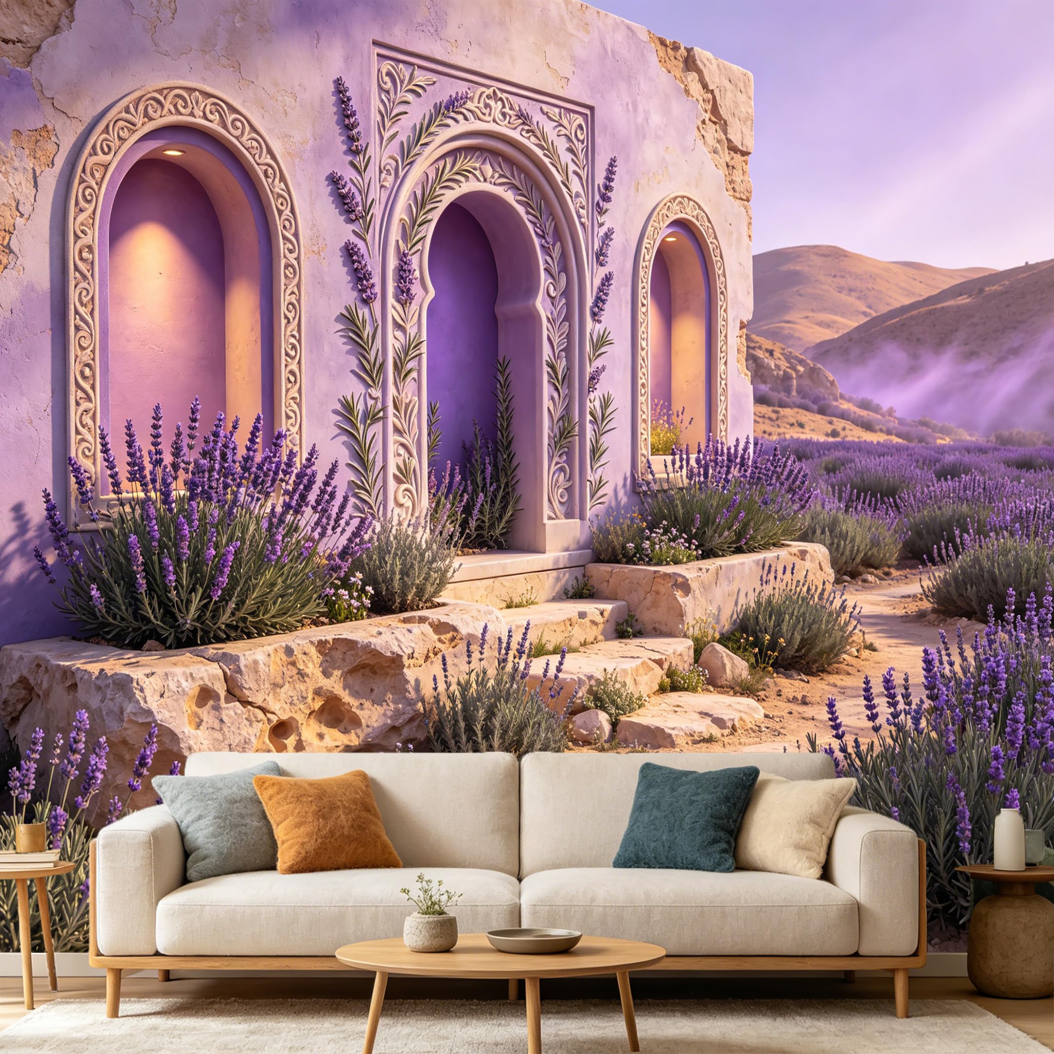 Custom Size Wall Mural， Provence Lavender Field Mediterranean Architecture Botanical Oil Painting， SelfAdhesive Art Prints wall Fabric Removable Large Wallpaper Home Living Room Decor