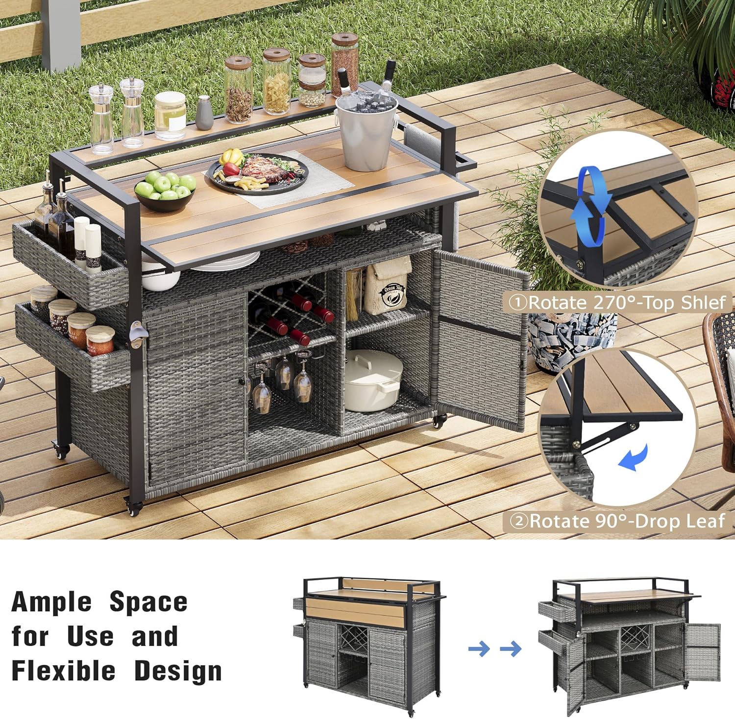 LUMISOLOutdoor Wicker Grill Cart with Extended Plastic Wood Table Top, Outdoor Rolling Kitchen Cart with Storage Cabinet, 52.8" W Kitchen Island on Wheels for Backyard Garden, Double Handle, Grey