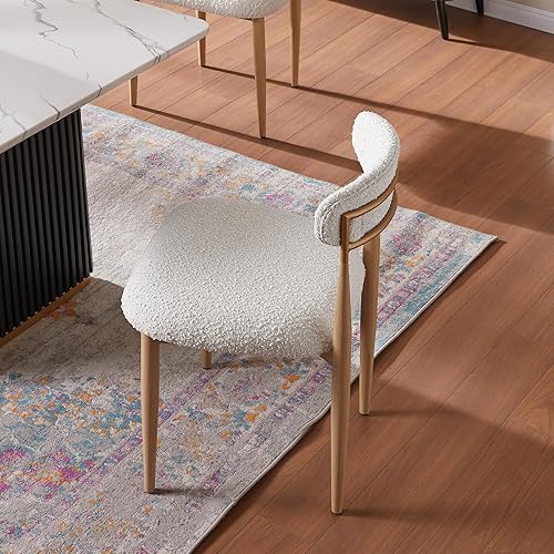 Miniatura 4 de Morden Fort Juego de 2 sillas de comedor tapizadas modernas, sillas de comedor blancas Boucle con patas de grano de madera y marco de metal para