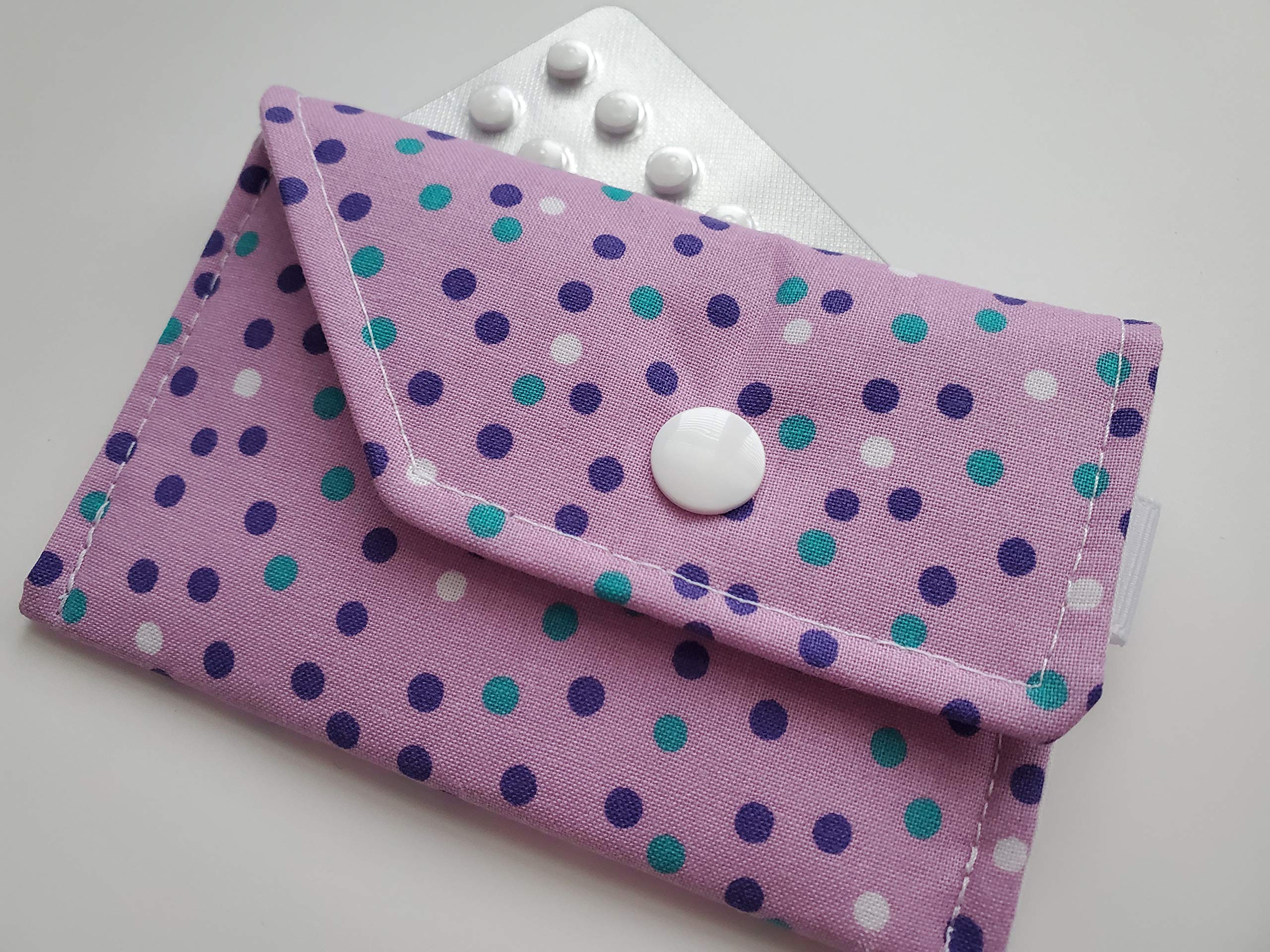 Birth Control Case Sleeve with Snap Closure and Optional Keychain Clip - Purple dots