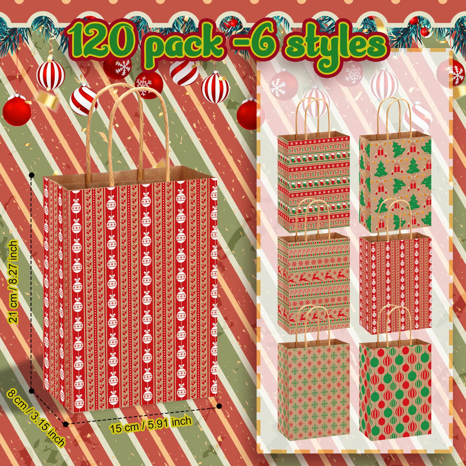 Fulmoon 120 bolsas de regalo de papel kraft de Navidad a granel con asa, bolsas de regalo de Navidad para regalos de Navidad, suministros de decoración de fiesta de Navidad
