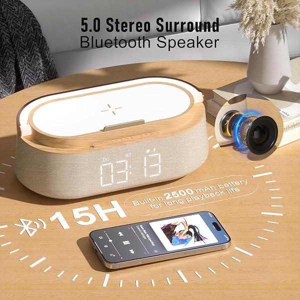 FREEFISH 6-in-1 Alarm Clock with Bluetooth Speaker, Wireless Charging, FM Radio, Night Light, Phone Holder, Digital Clock, 15W Fast Charger for iPhone 16/15/14/13 Samsung, Bedroom Office Gift (Wood) - 4