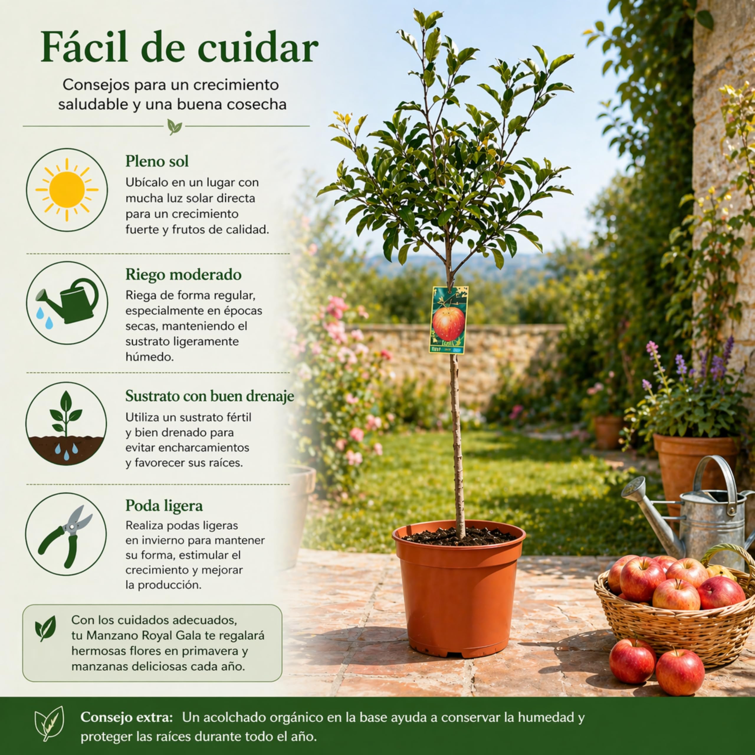 Manzano Royal Gala Planta Natural en Maceta 140 cm de altura, Árbol Frutal Exterior con Manzanas Dulces Árbol Natural para Jardín Terraza Huerto Fácil Cultivo. Manzano