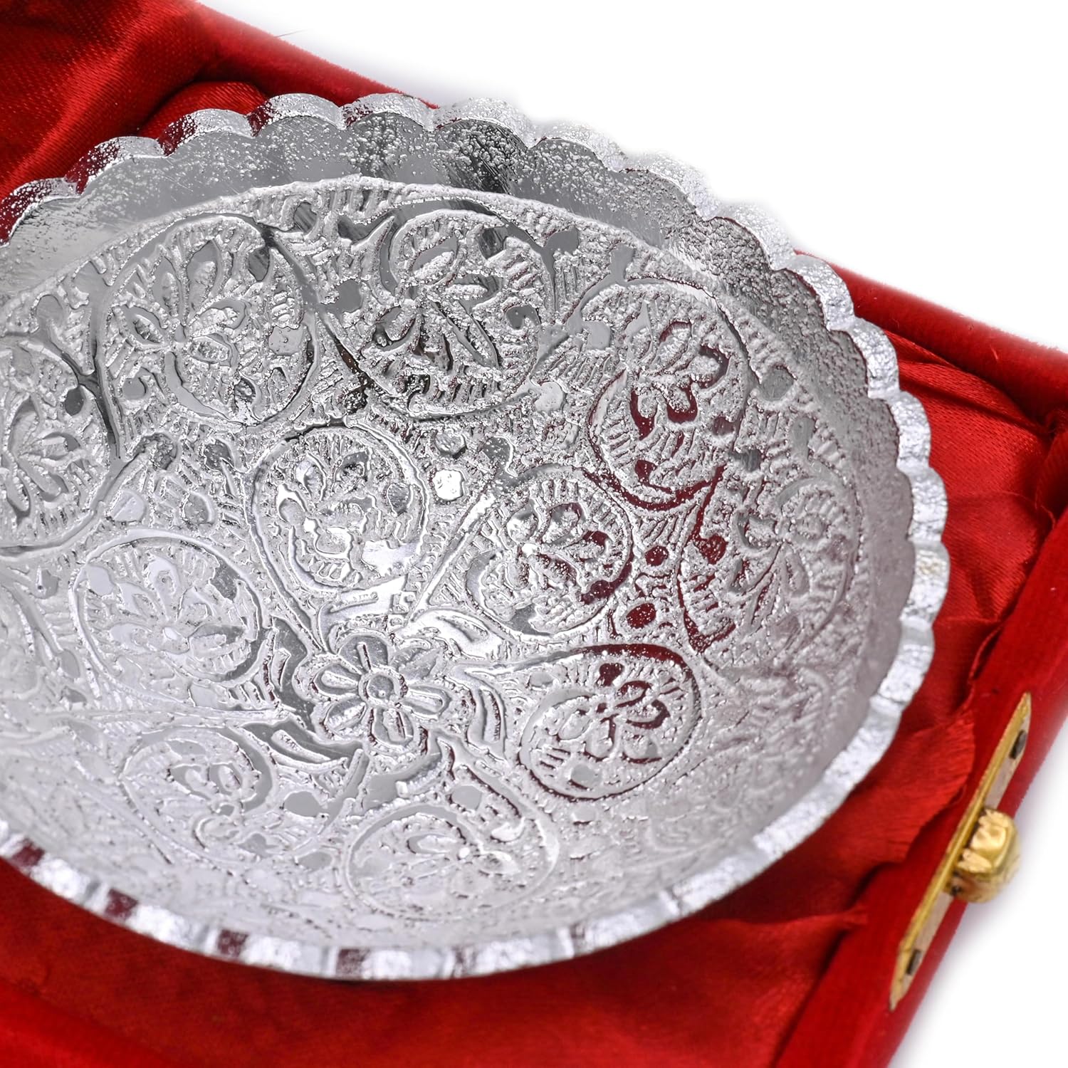 IGH Set of 5 Pcs German Silver Bowl Set with Spoon and Red Velvet Box Diwali Return Gifts Housewarming Gifts, Festival Gift