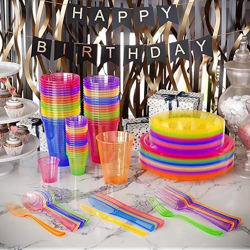 Miniatura 9 de Paquete combinado de 360 piezas de neón para fiestas, 60 platos de 9 pulgadas, 60 platos brillantes de 7 pulgadas, 60 tazas de 12 onzas, 60 juegos