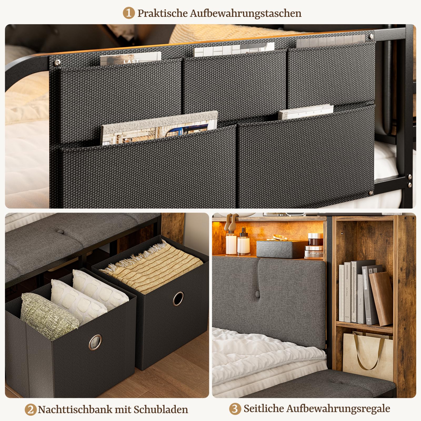 IKIFLY Multifunktionales Jugendbett 90x200 mit verstecktem Kopfteil-Stauraum, LED-Beleuchtung und Ladestation, Schlafsofa Tagesbett mit Lattenrost aus Metall und 4 Schubladen, Fußbank (Dunkelgrau)