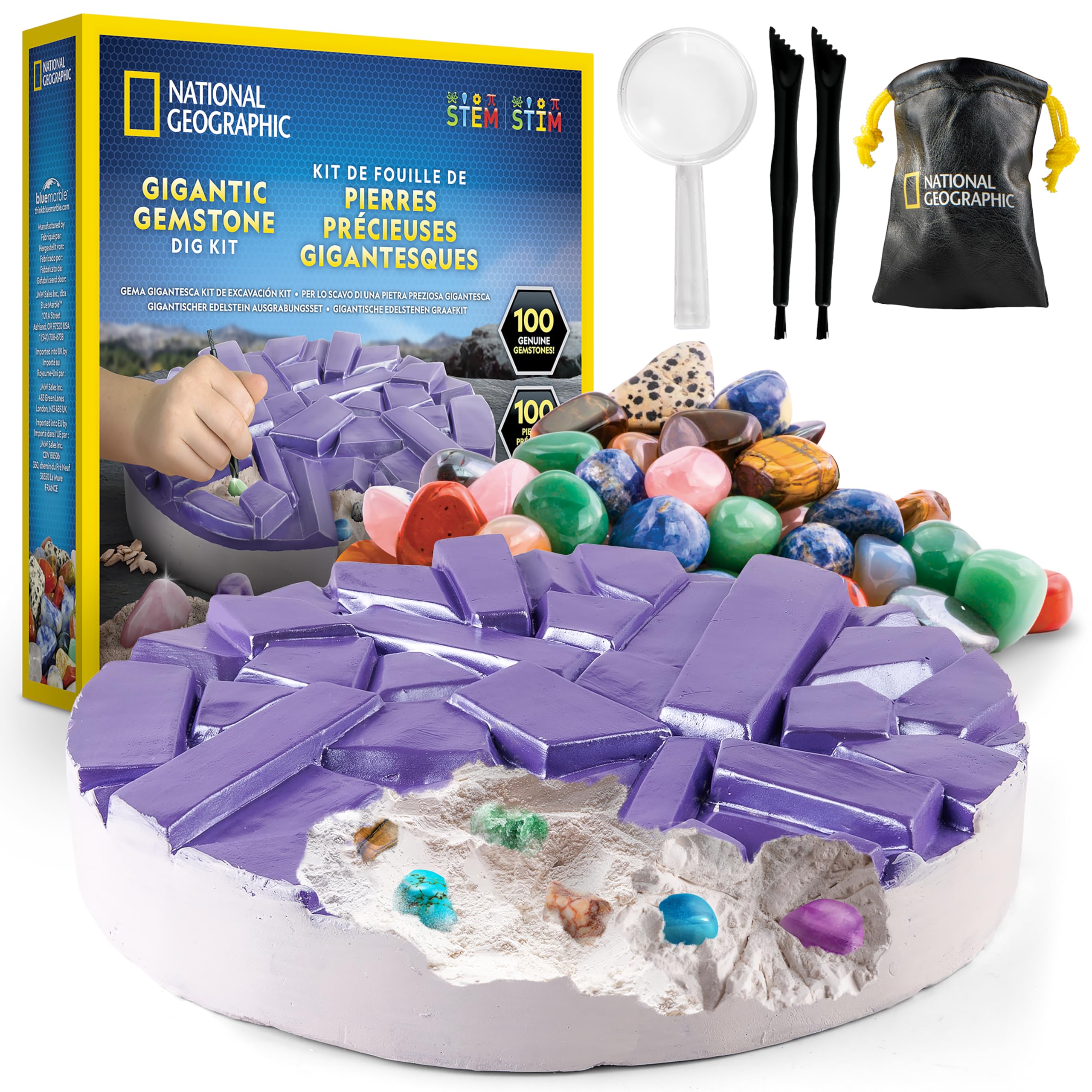 National Geographic Kit Gigante de Excavación de Gemas – Extrae 100 Gemas Reales de un Ladrillo Gigante, Juego de Geología para Niños, Actividad CTIM con Herramientas y Guía de Aprendizaje