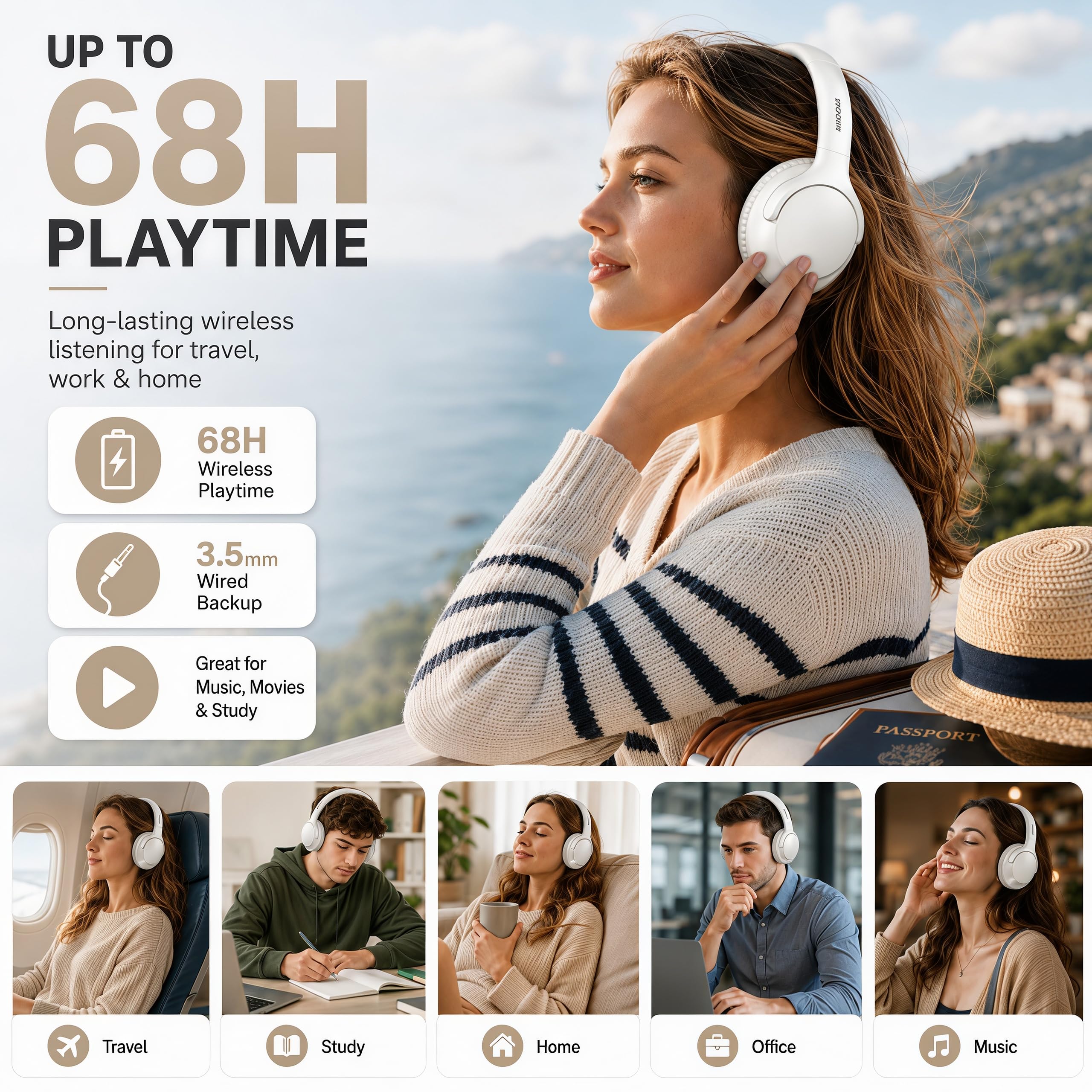 MIDOLA Bluetooth-Kopfhörer, Over-Ear-Kopfhörer, 68H, Spielzeit, 6 EQ, kabelloses Headset mit Mikrofon, HiFi-Stereo, faltbar, leicht, tiefer Bass, für Reisen, Zuhause, Büro, Handy, Weiß