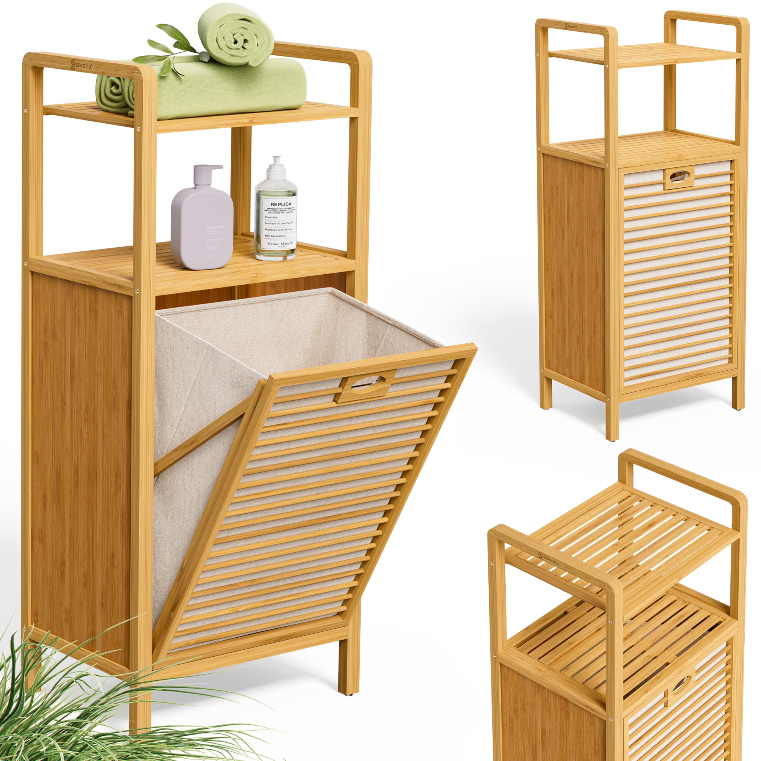 CASARIA Badregal mit Wäschekorb – 36 L, Bambus, 95x40x30 cm, 2 Ablagen, herausnehmbarer Wäschesack