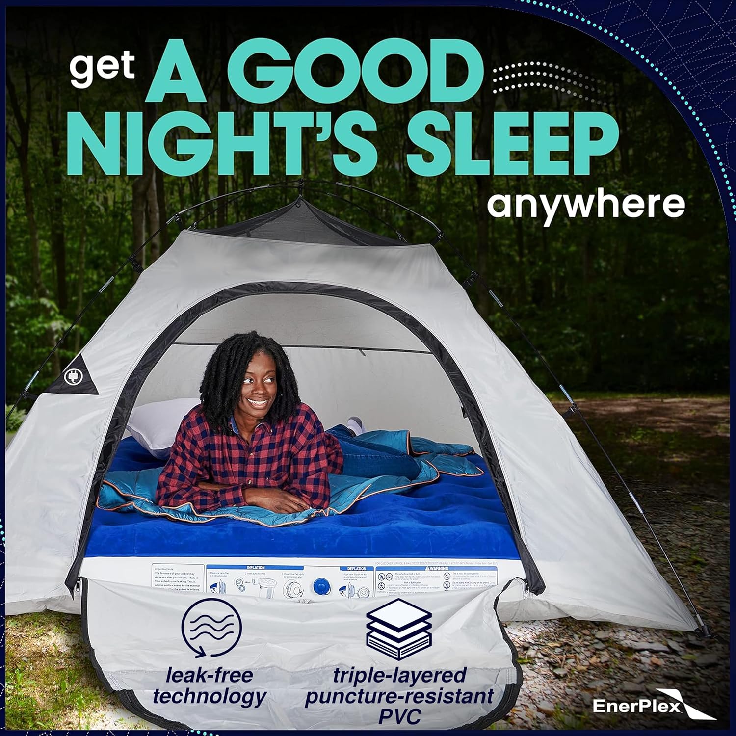 EnerPlex Camping Air Mattress with Built in Pump - Queen Blow Up Mattress for Travel & Guests - Portable Bed for Adults and Kids - Blue