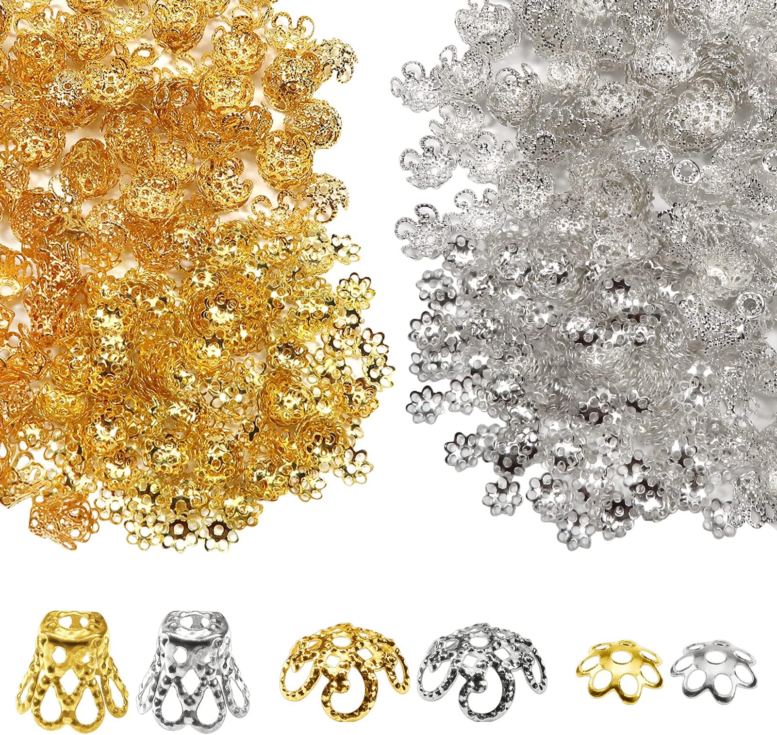 TOAOB 1120pcs Spacer Beads Filigree Bead Caps 6 Styles Silver Tone and Gold T...