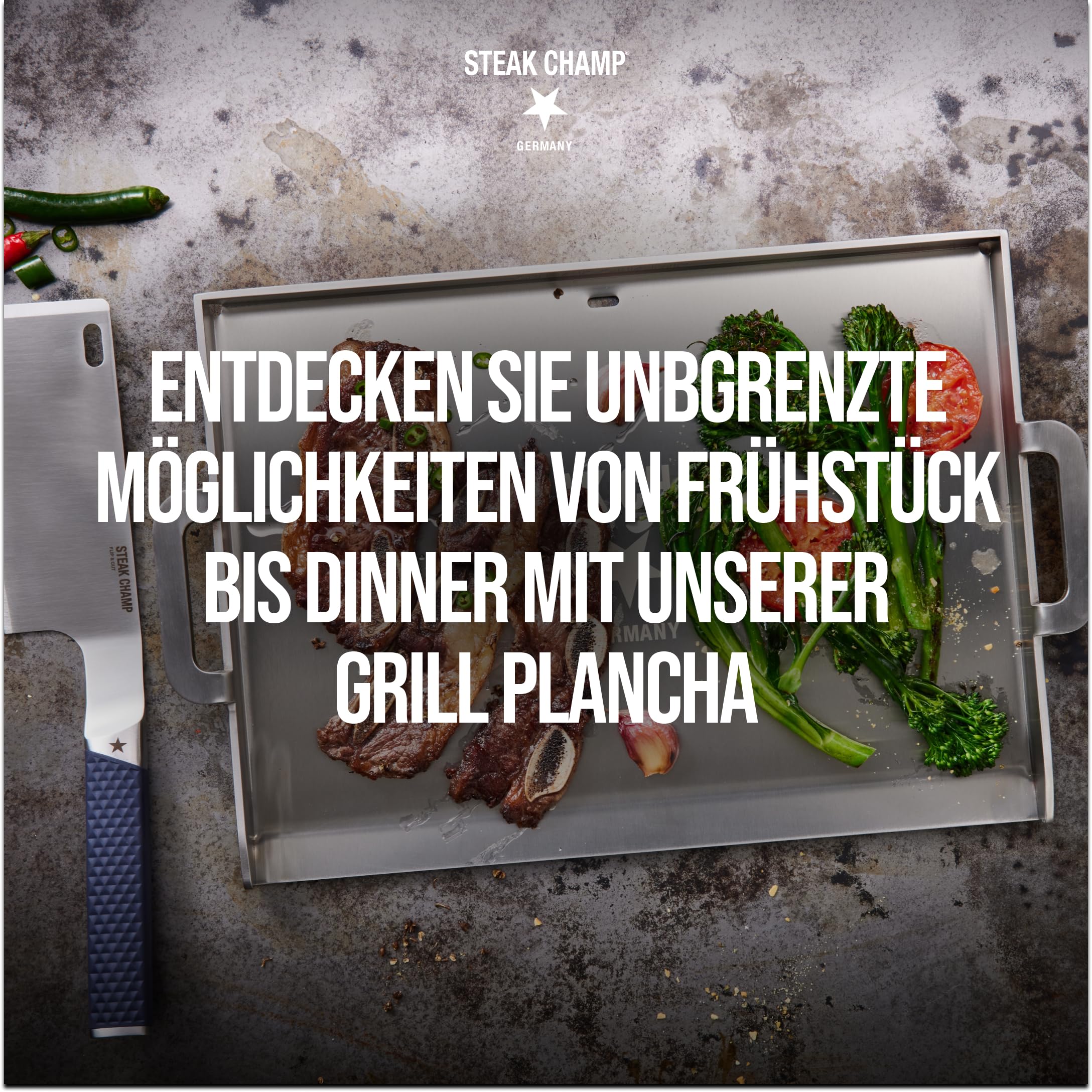 Steakchamp Grill Plancha, 4,2 kg: Grillplatte für Kohle- und Gasgrill, aus Edelstahl, mit praktischen Tragegriffen und angewinkelter Frontseite
