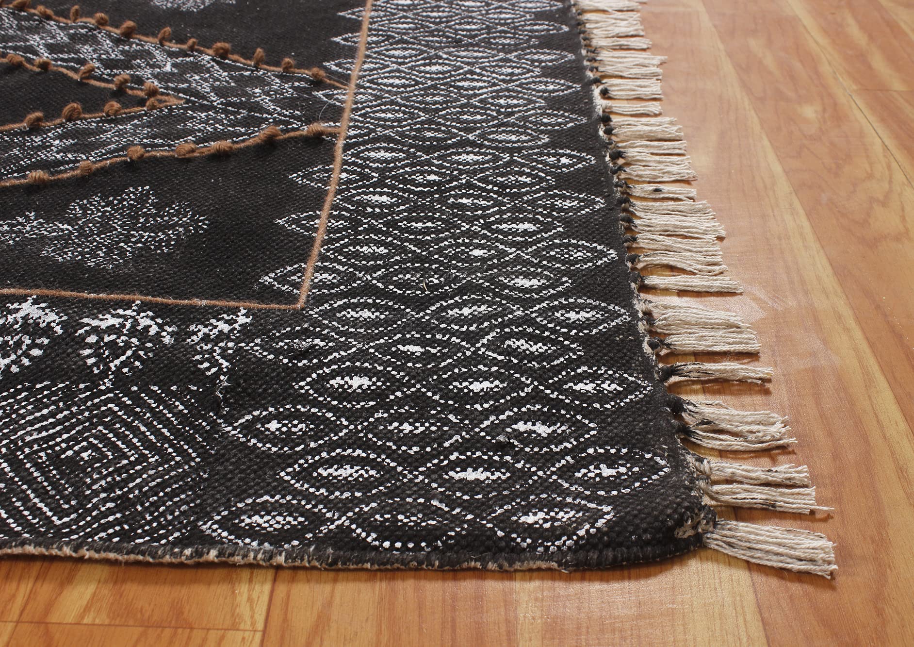 Tappeto da bagno in cotone intrecciato a mano con nappe stampa a blocchi di mano, tappetino per interni Boho per camera da letto, soggiorno, lavanderia