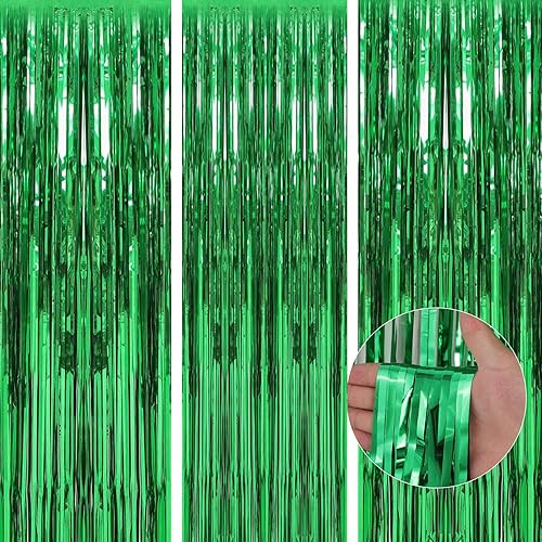 Decoraciones de fiesta de cumpleaños Paquete de 3 cortinas de flecos de papel de aluminio verde de 3.3 x 9.9 pies, suministros de fiesta, telón de