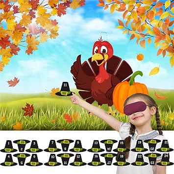Pin The Hat on The Turkey Game - Thanksgiving Party Games for Kids and Fall Festival Activities - Turkey Party Supplies