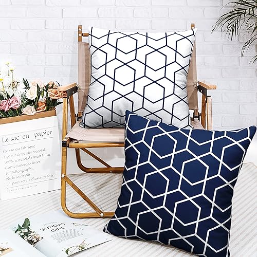 Miniatura 6 de Juego de 2 fundas de almohada geométricas de color blanco y azul oscuro de 16 x 16 pulgadas, fundas de almohada geométricas hexagonales modernas