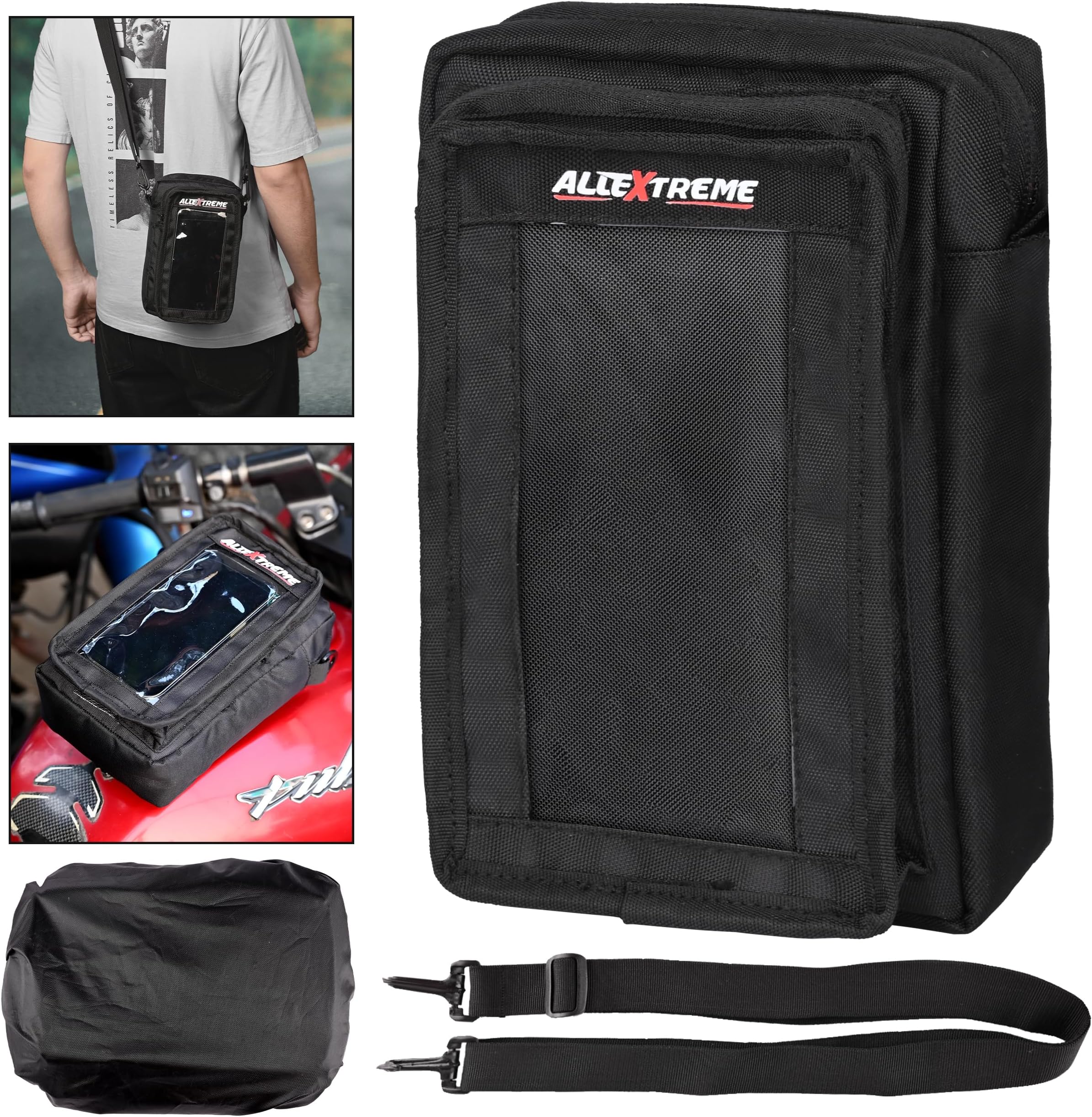 Allextreme Magnetic Tank Bag with Multi-Pocket Storage Compartments and Rain Cover Universal Fit Biking Accessory for All Motorcycles – (2.5Ltr, Black, 1 Pc)