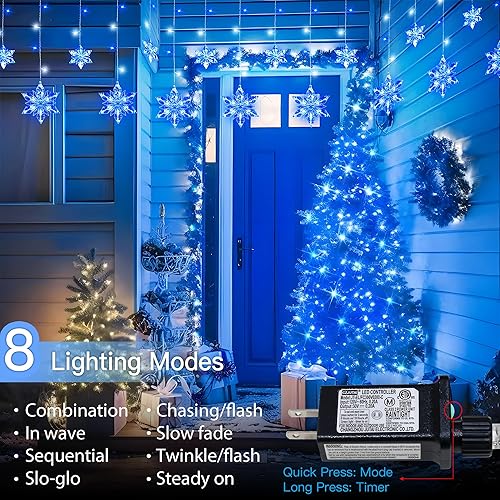 Miniatura 3 de Luces de carámbano de copo de nieve para exteriores, 8.2 pies, 144 luces LED conectables para Navidad, luces de copo de nieve para casa, aleros,