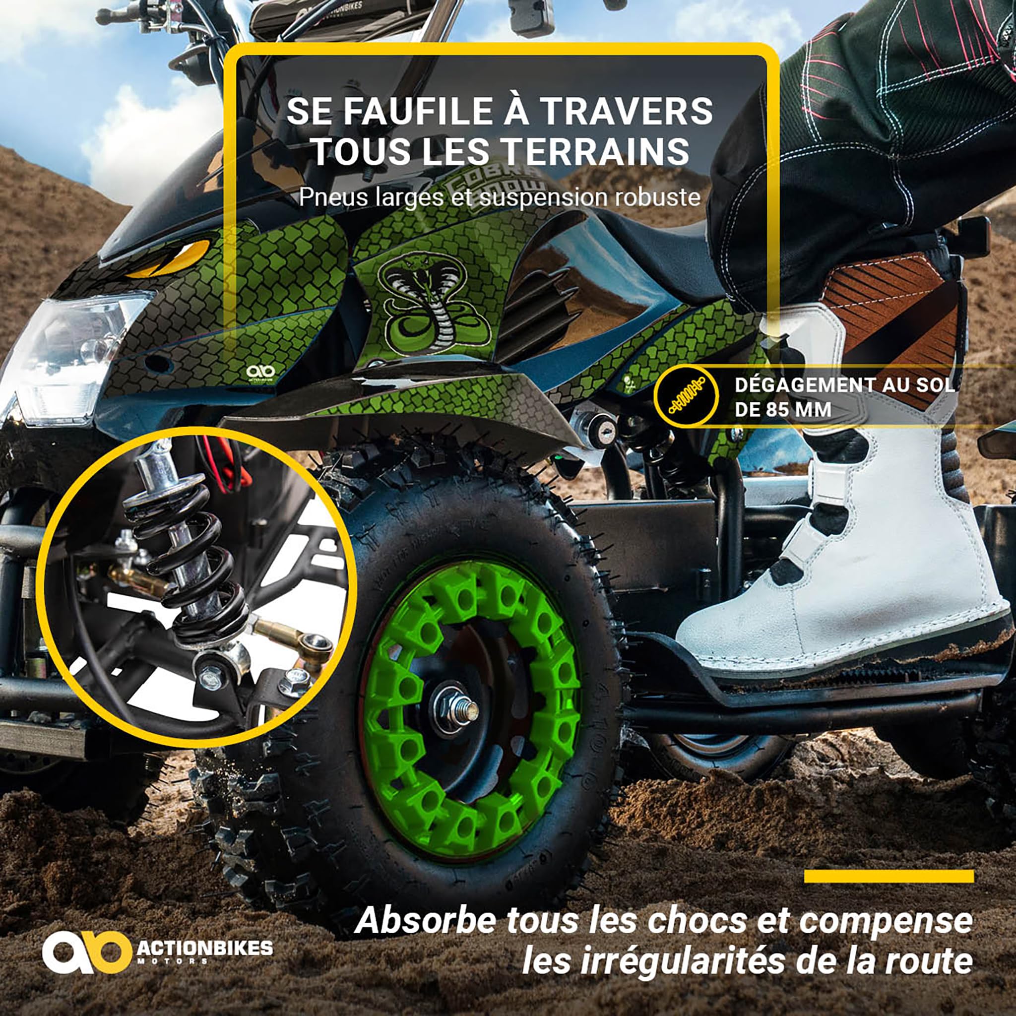 Actionbikes Motors Quad électrique Enfant ATV Cobra | 36 Volts 800 Watts Jusqu’à 24 km/h - Quad Enfant - Pocket Quad - pédale de sécurité Safety Touch - Mini Quad - dès 8 Ans (Vert/Noir)