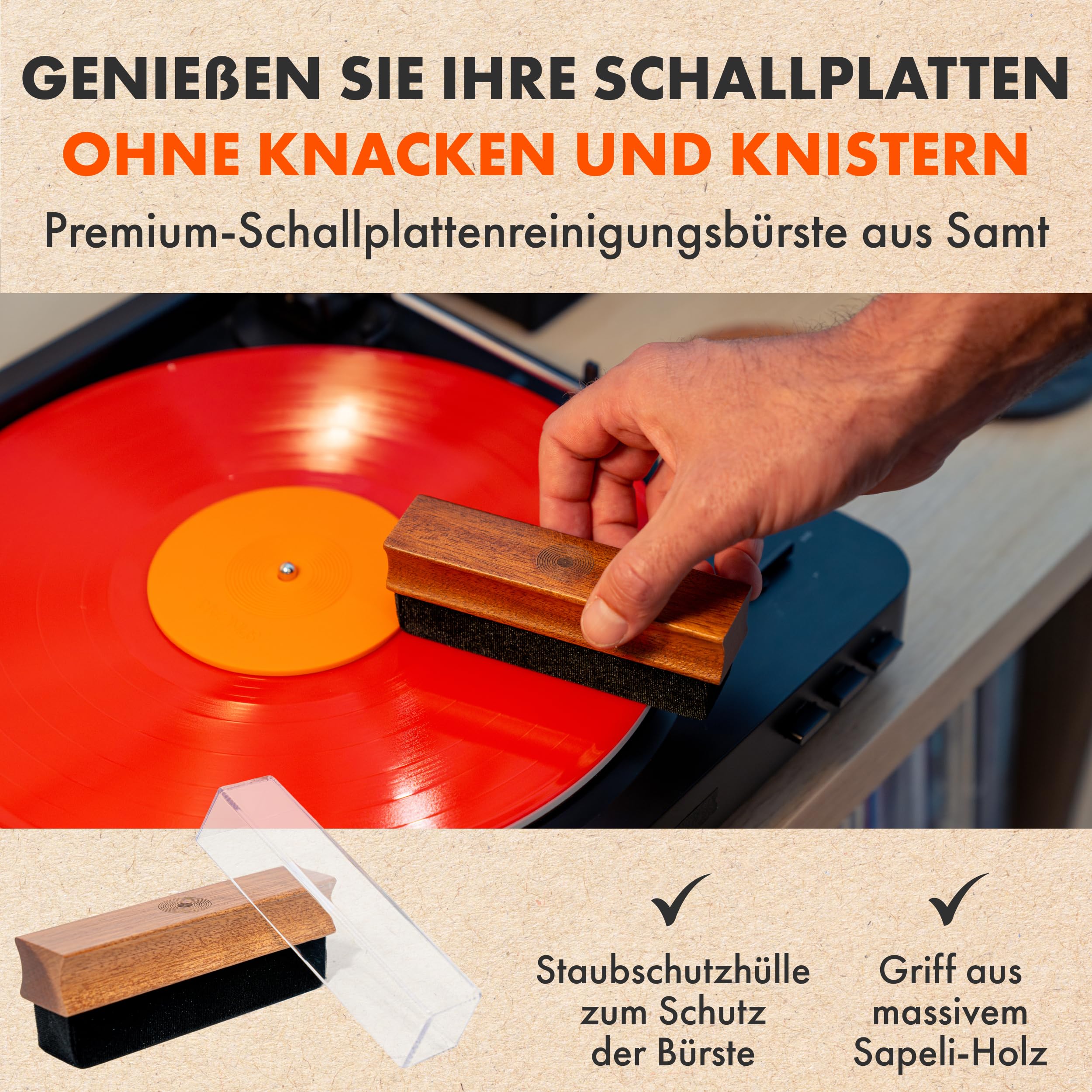 SPINCARE 7-in-1 Schallplatten Reinigungsset | Velvet Schallplattenbürste mit Holzgriff & Staubschutz | 120 ml Vinyl Reiniger, Stylus Brush, Label-Schutz & Mikrofasertücher | Vinyl Cleaning Kit