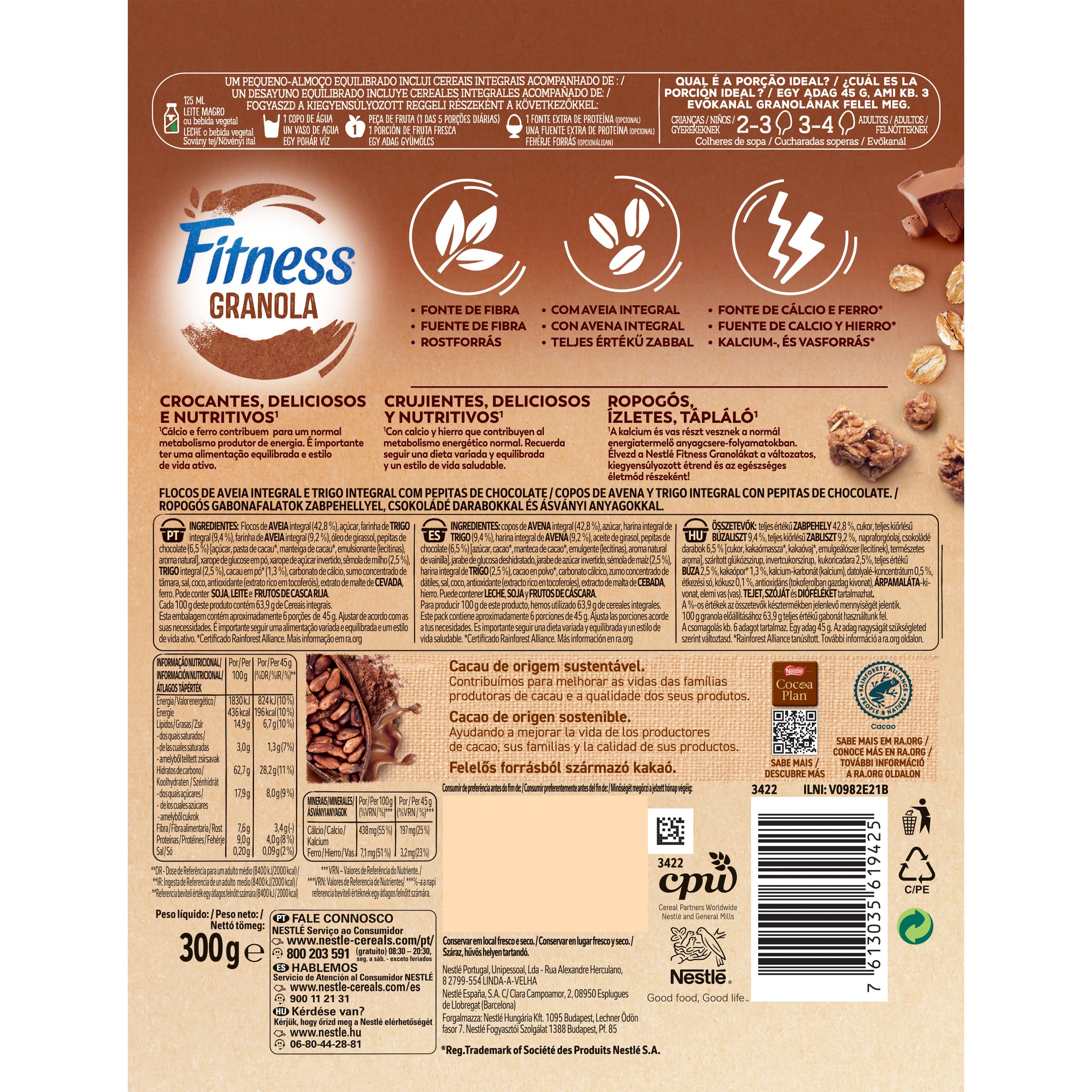 Nestlé Fitness Cereales Chocolate Granola Copos de Avena Integral y Trigo con Miel, 300g