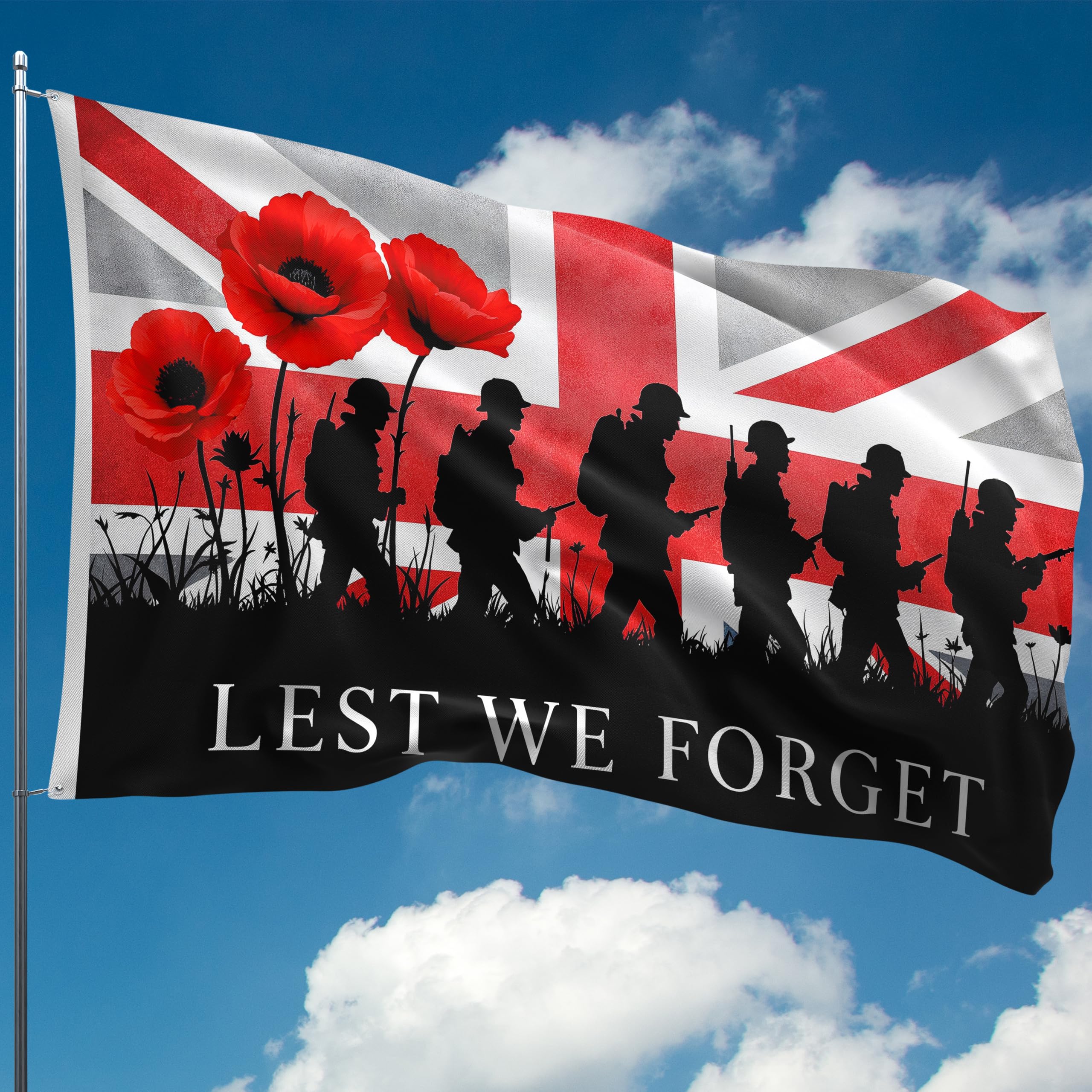 Lest We Forget Flag – Remembrance Flag on Union Jack - Red Poppy Flag for WW2 Armistice D-Day, VE Day- Double Seam - 2 brass eyelets, large 5ft x 3ft