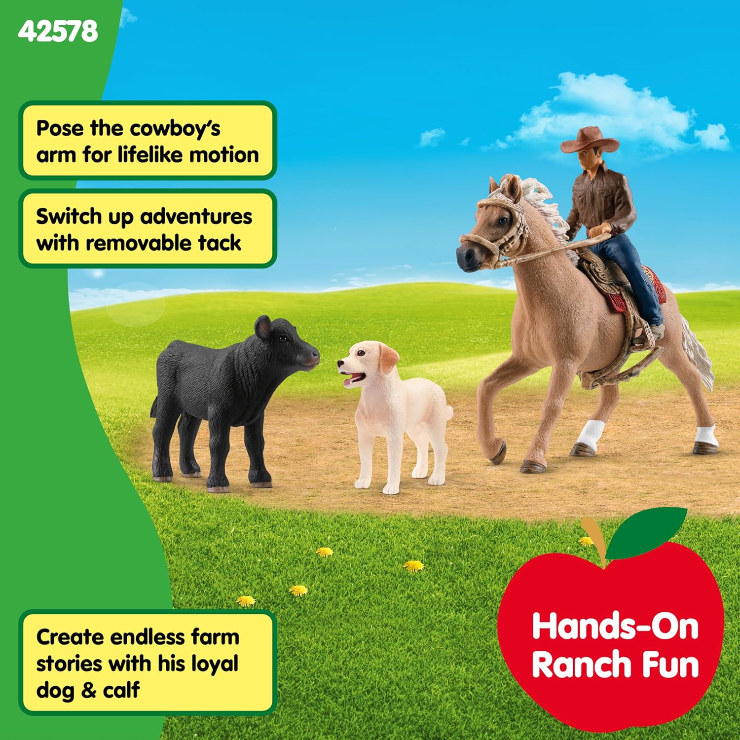 Schleich Farm World - 6PC Rodeo Calf Adventure Playset - Cowboy Rider Figurine with Horse Figure, Cow and Dog - Realistic Western Rodeo Farm Toys and Accessories - Kids and Toddlers Ages 3+ | 42578