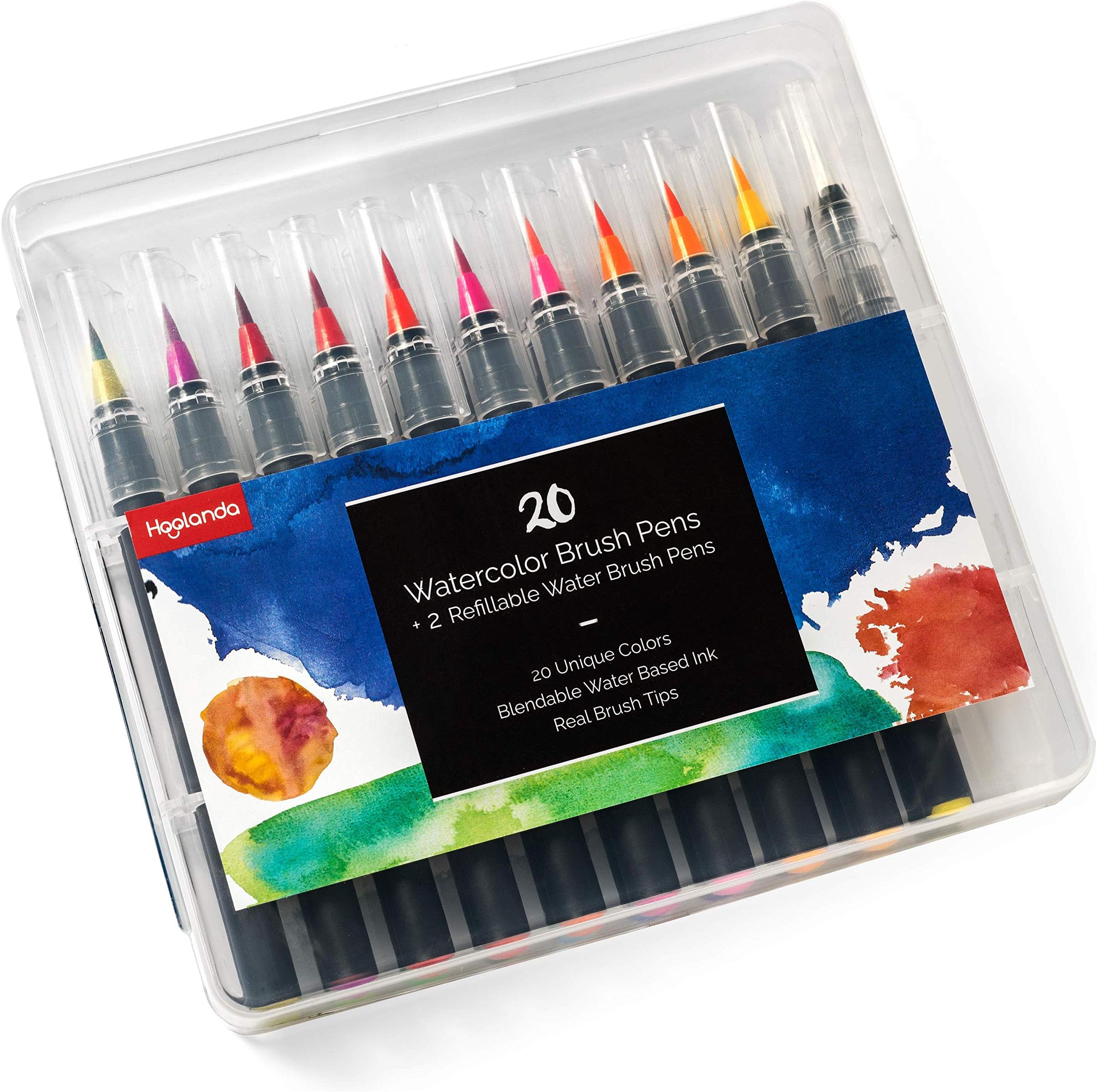 Hoolanda Watercolor Brush Pens, 20 Colors for Bullet Journal, Calligraphy and Scrapbooking, Flexible Nylon Brush Tips, Compact Portable Case, and 2 Water Brushes for Beginner and Professional Artists