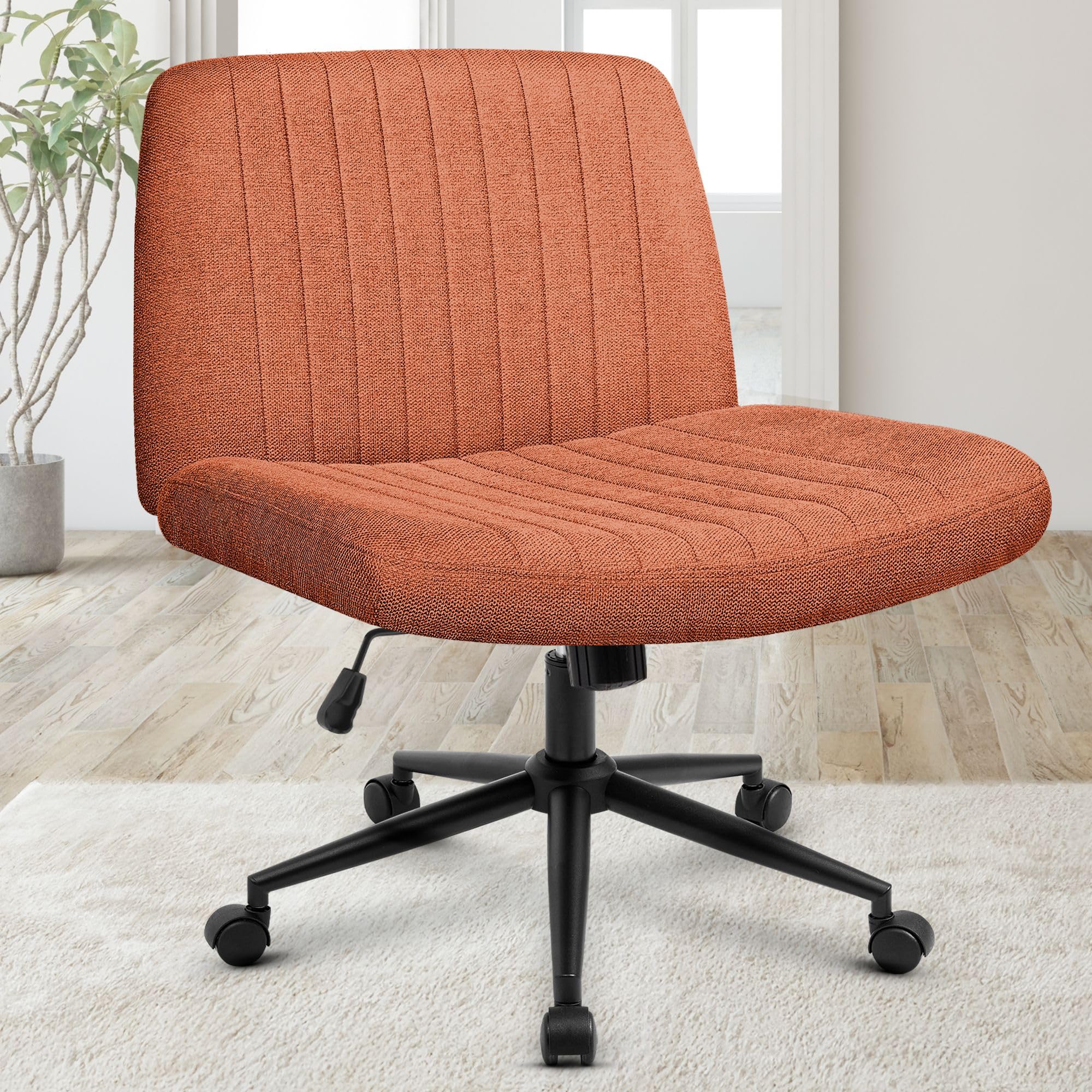 Orange Factory Criss Cross Chair with Wheels, Armless Cross Legged Office Desk Chair, Wide Comfy Vanity Rolling Swivel Modern Comfortable Fabric Computer Task Chairs for Home Office (Brown)