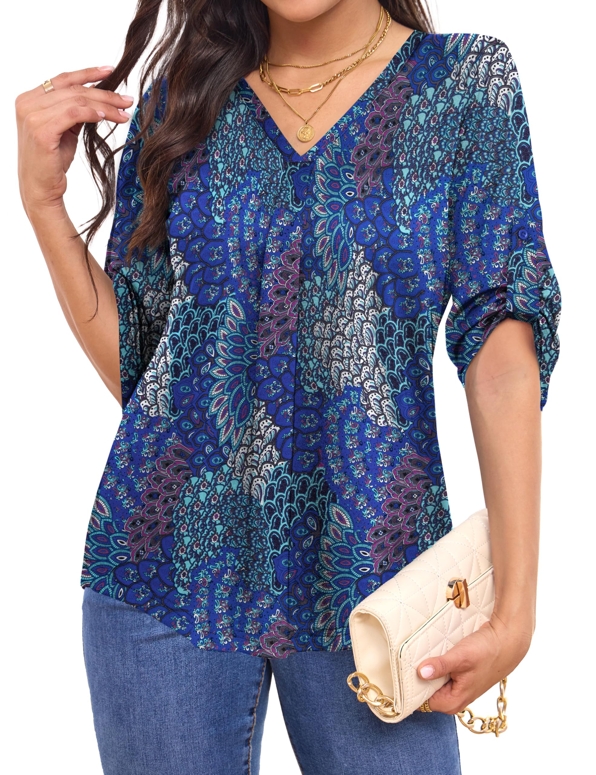 Tralilbee Women's Plus Size 3/4 Roll Sleeve Tops V Neck Floral Blouses Casual Tunic Top