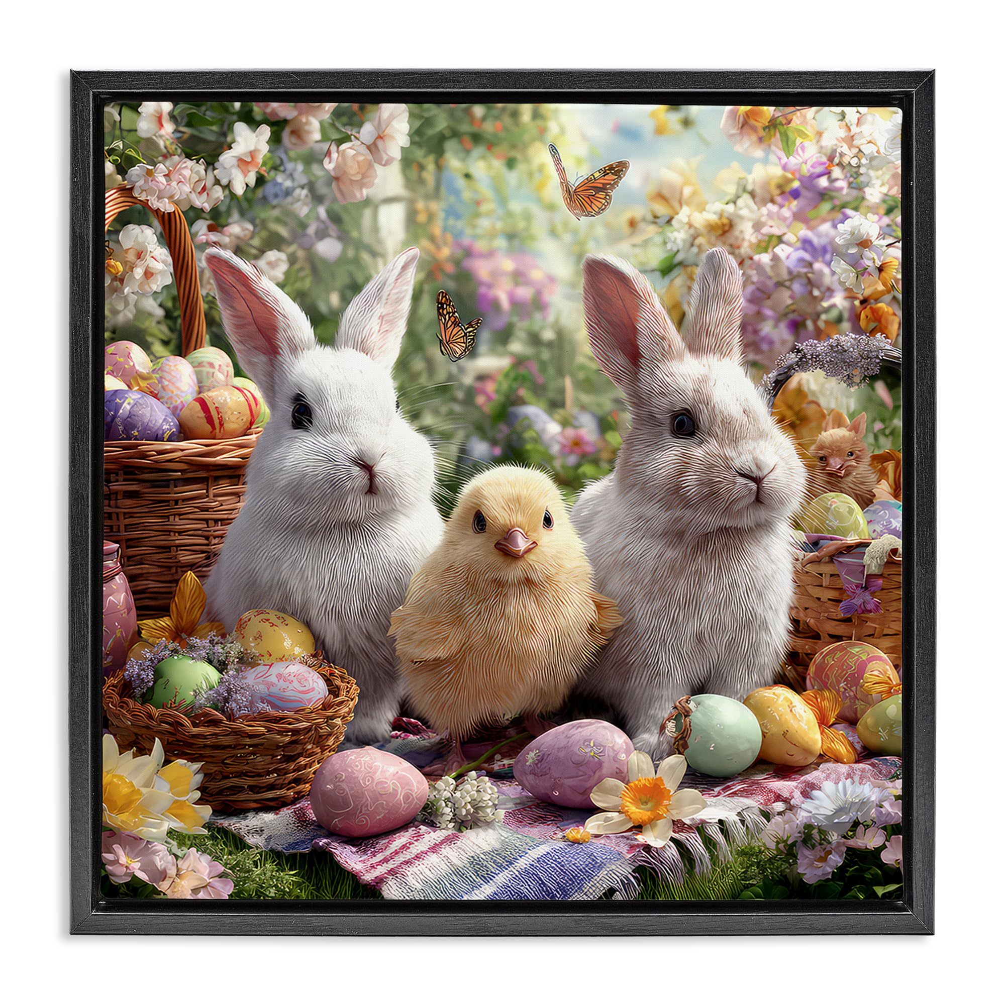 Stupell Industries Jet Black (Matte) Easter Animals And Eggs Floral, 24 X 24 Inch Canvas In Floater Frame