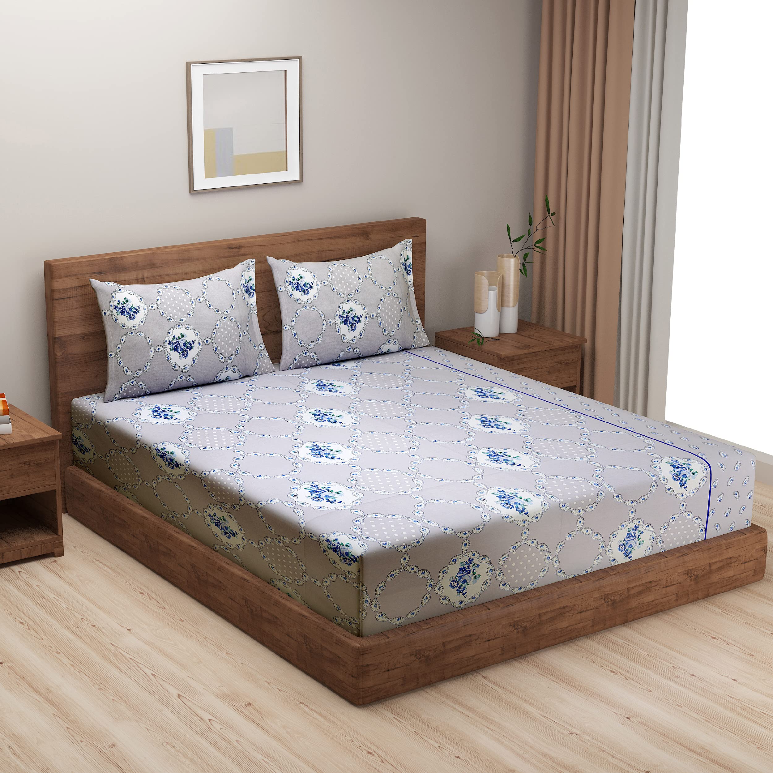Swayam Sparkle Collection Premium Cotton 144 TC Ethnic Print Cotton Fitted Double Bed Sheet with 2 Pillow Cover -Grey (B07WGFT1L1) Amazon Price History, Amazon Price Tracker