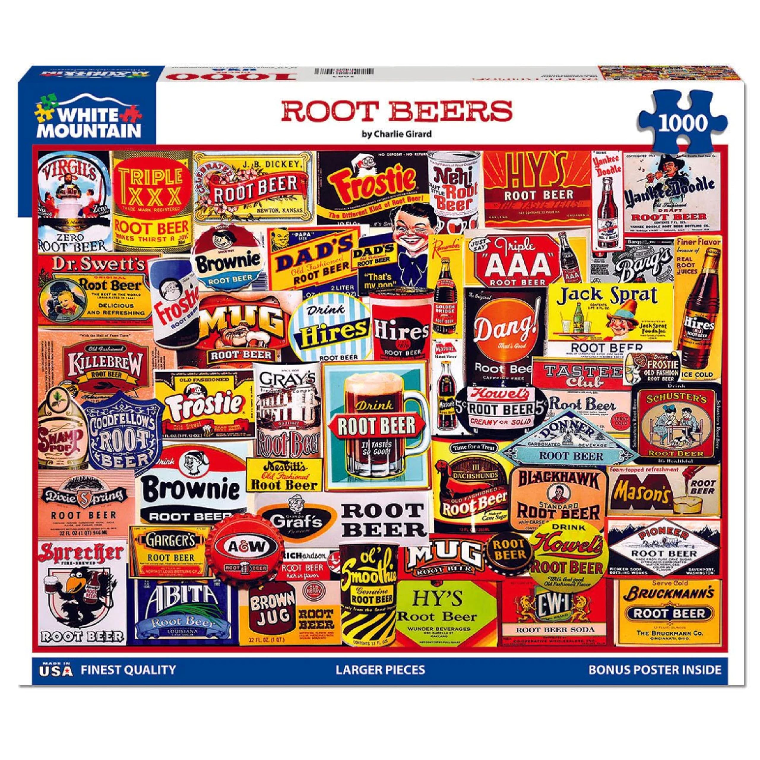 White Mountain Root Beers Puzzle 1000 Piece Vintage Soda Collage Jigsaw Puzzles for Adults and Families