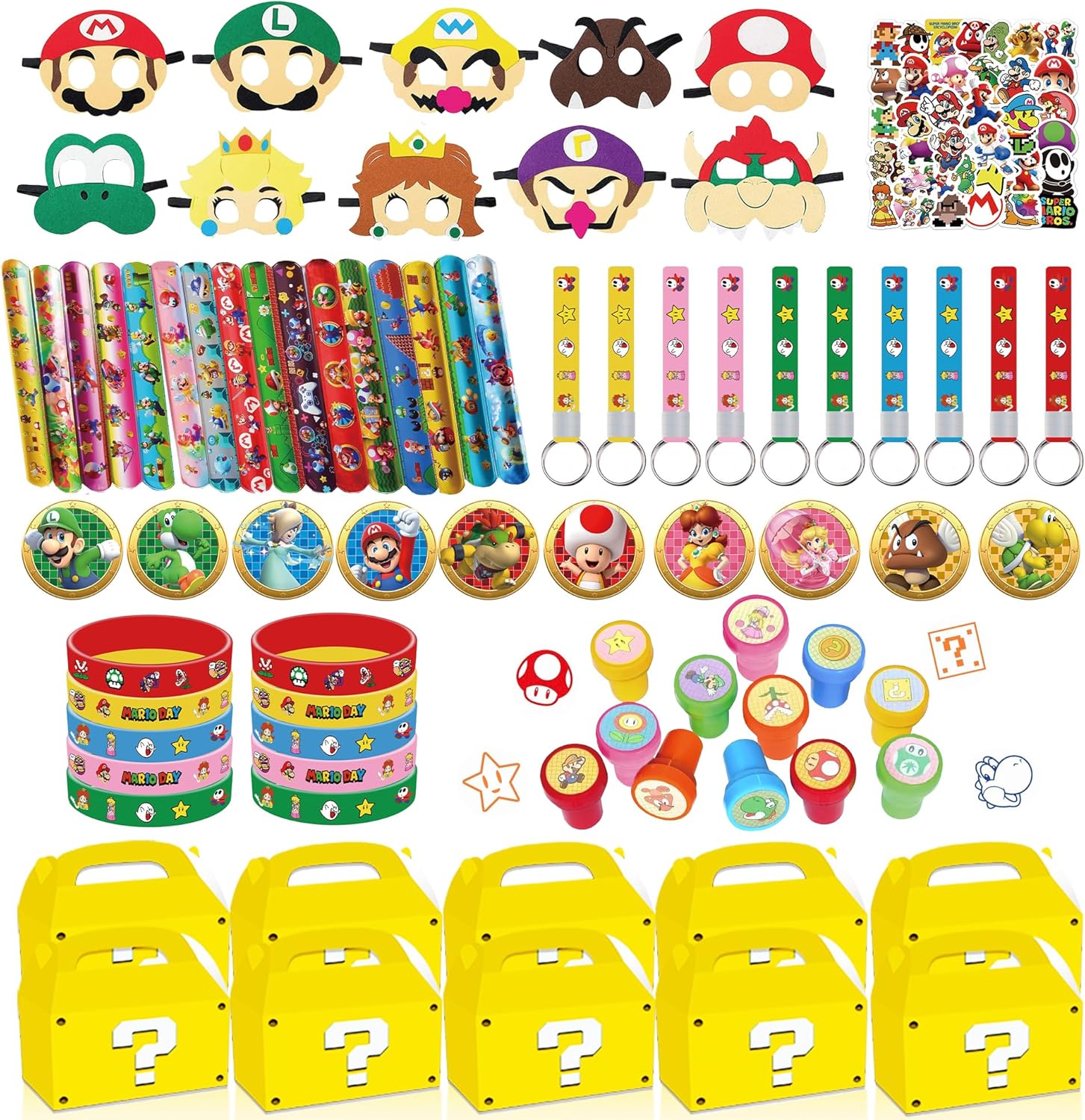 127 PCS Birthday Party Favor Supplies, Birthday Party Decorations Set Includes 50 Stickers, 15 Slap Bracelets, 10 Bracelets, 10 Button Pins, 10 Key chains, 10 Box, 10 Mask, 12 Stamp