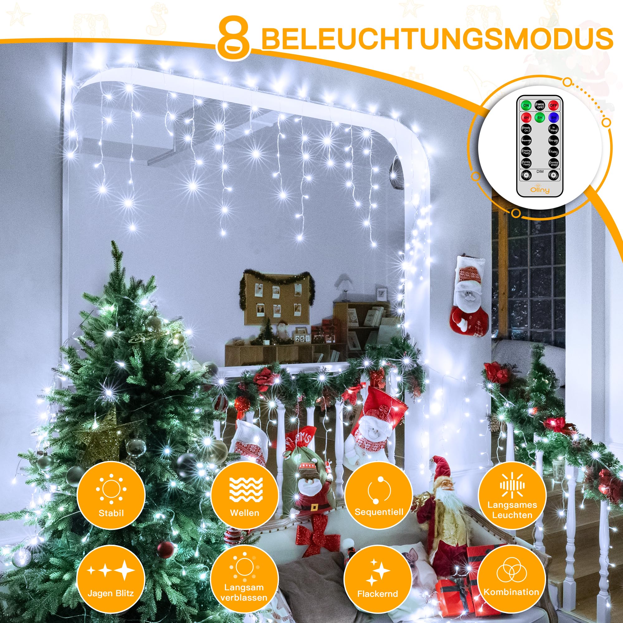 Ollny Eisregen Lichterkette außen 12m 504LEDs 84 Saiten Weihnachtsbeleuchtung außen Kaltweiß IP44 wasserdicht 8 Modi mit Fernbedienung Timer EU Stecker für Pavillon Balkon (Packung mit 2)