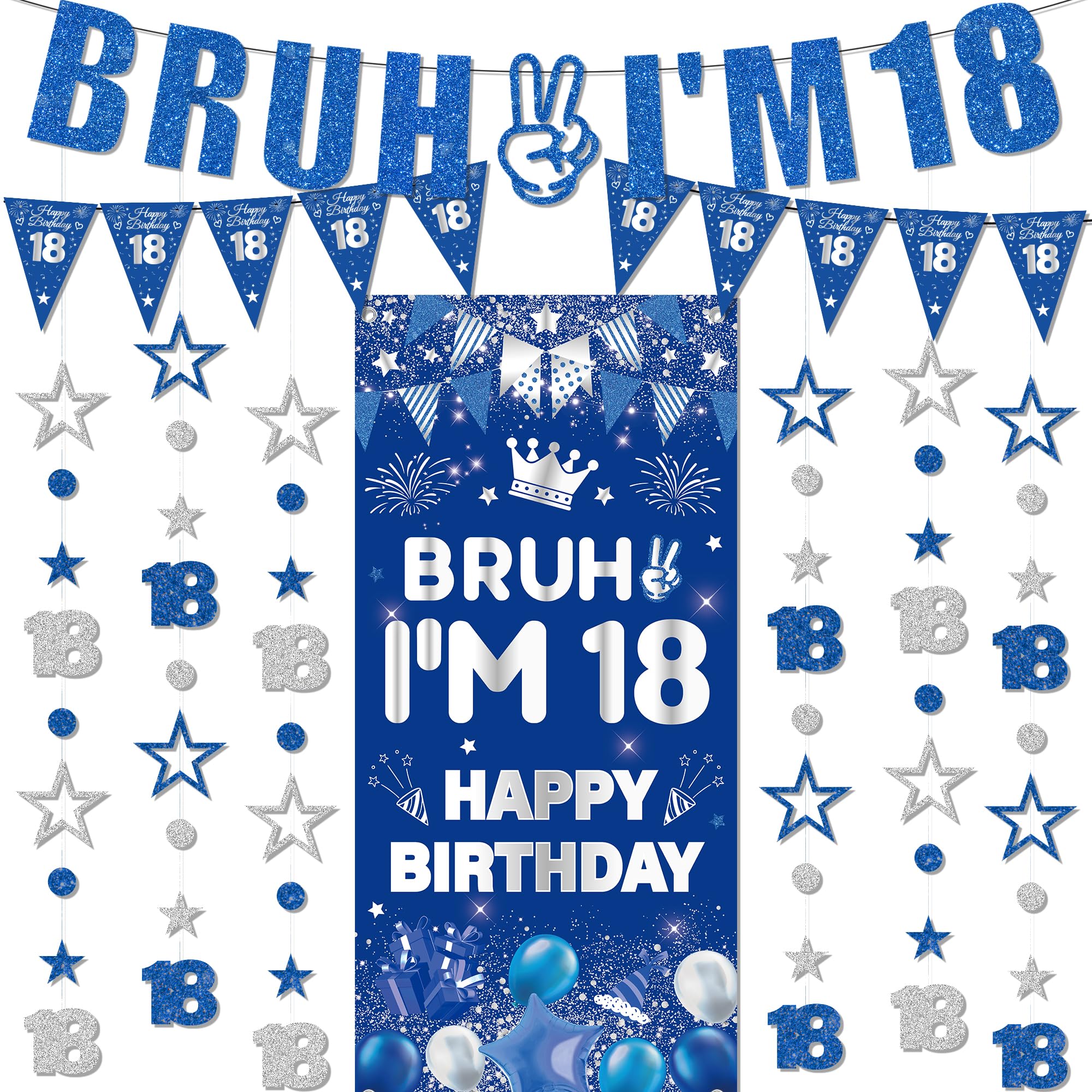 18th Birthday Decorations Banner Boys - 9 Pcs Blue Silver Happy 18th Birthday Banner Triangle Flag Backdrop Cloth Hanging Swirls Decor Set for Boys Girls 18 Year Old Party Supplies