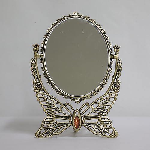 SEHAMANO Espejo de mesa de maquillaje con marco de metal antiguo con diseño de mariposa antigua, espejo decorativo con forma ovalada, espejo de